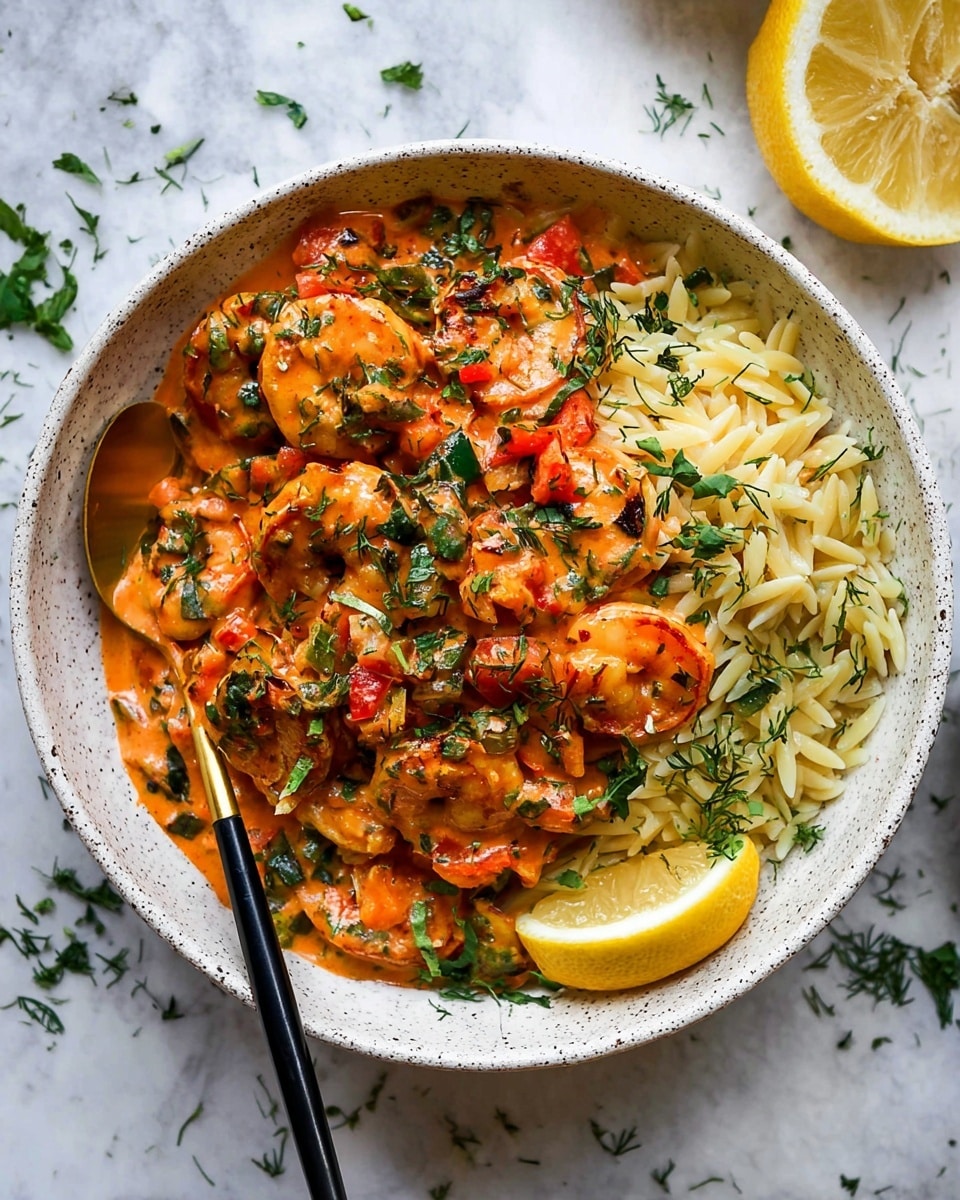 A white speckled bowl holds a layered dish featuring a base of light yellow orzo pasta evenly spread on one side. On top, grilled shrimp coated in a bright orange creamy sauce with finely chopped red and green veggies, garnished with chopped green herbs, cover most of the pasta. A lemon wedge sits at the edge of the bowl, adding a fresh touch. A golden and black spoon rests inside the bowl, partially submerged in the shrimp and sauce. The bowl is placed on a white marbled surface with some scattered green herbs and a half lemon visible nearby. Photo taken with an iphone --ar 4:5 --v 7