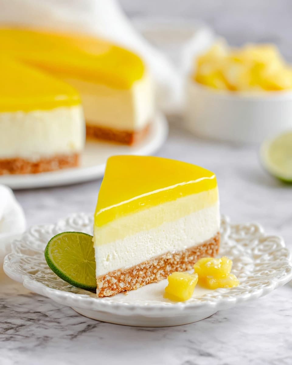 A round cheesecake with three visible layers sits on a white scalloped cake stand placed on a white marbled surface. The bottom layer is a thin, brown crust, the middle layer is a thick, smooth cream-colored cheesecake, and the top layer is a bright, glossy yellow mango gelatin spread evenly over the cheesecake. Around the cake, there are small yellow mango pieces scattered, halved green limes, a white bowl filled with diced mango, and a white and yellow patterned cloth in the background. Photo taken with an iphone --ar 4:5 --v 7
