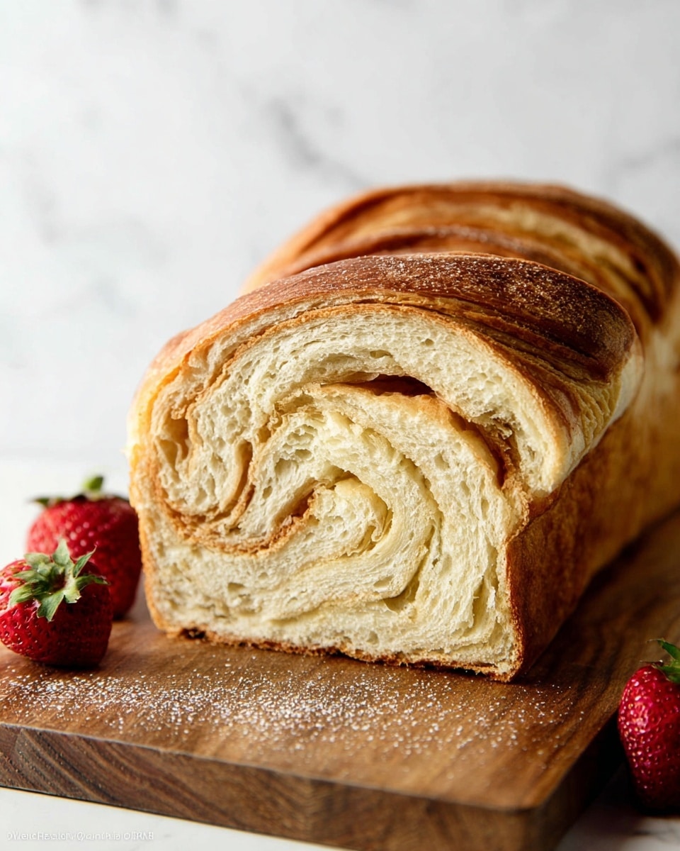 A close-up view of a sliced loaf of bread resting on a textured wooden board with two red strawberries placed around it. The bread has multiple layers visible inside, with a soft, pale cream-colored inside and a golden brown, slightly shiny crust on the outside. The layers inside show a delicate swirl pattern that reveals the airy, fluffy, and chewy texture. The scene is set against a plain white marbled surface, creating a clean and bright background. Photo taken with an iphone --ar 4:5 --v 7