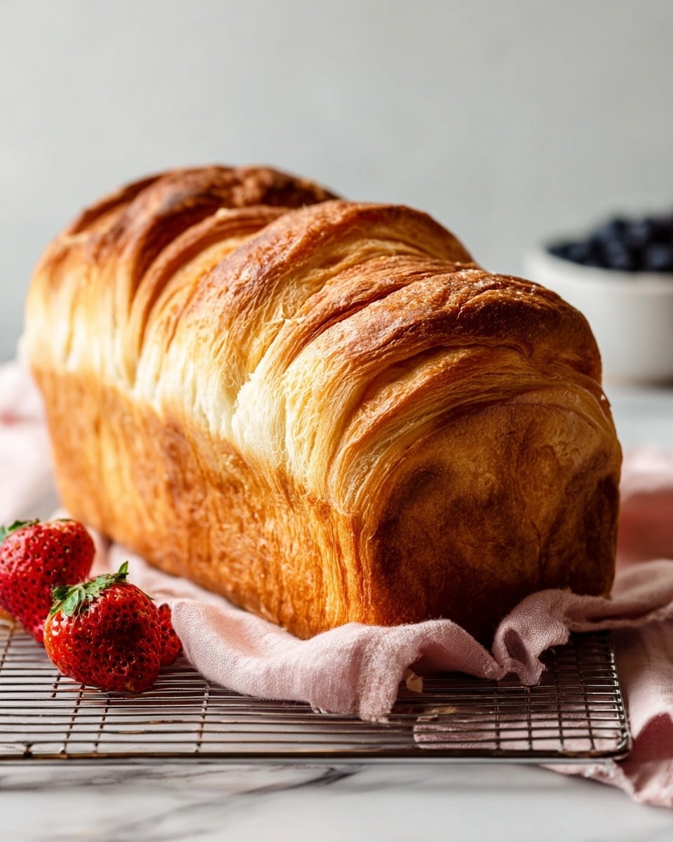 A large fluffy loaf of bread with many golden-brown layers is placed on a metal cooling rack over a soft pink cloth on a white marbled surface. The bread shows clear, thin folds with a crispy crust, darker at the edges and lighter in the middle, highlighting its flaky texture. Two fresh strawberries with green tops rest on the left side near the rack, and a white bowl filled with dark blueberries is in the blurred background on the right. The whole scene is bright with soft natural light, making the bread the main focus. photo taken with an iphone --ar 4:5 --v 7