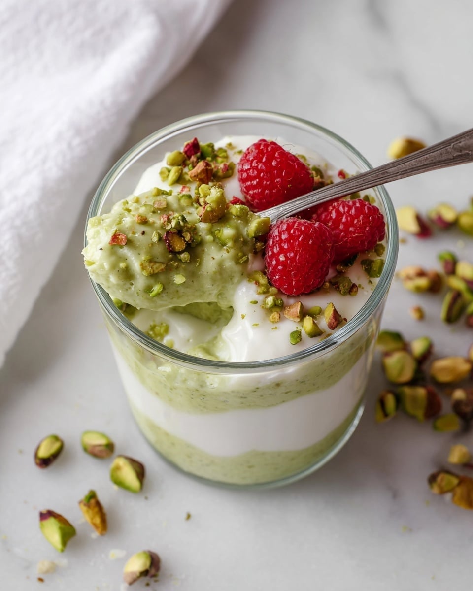 A clear glass cup shows three layers: the bottom layer is white and creamy, the middle layer is light green and thick with small bits, and the top layer is again white and creamy. On top of everything are small chopped green pistachios scattered around and one bright red raspberry placed near the center. A silver spoon holds some of the green and white mixture, slightly lifted above the cup. The cup sits on a white marbled surface with some pistachios scattered nearby and a white cloth visible at the top left corner. photo taken with an iphone --ar 4:5 --v 7