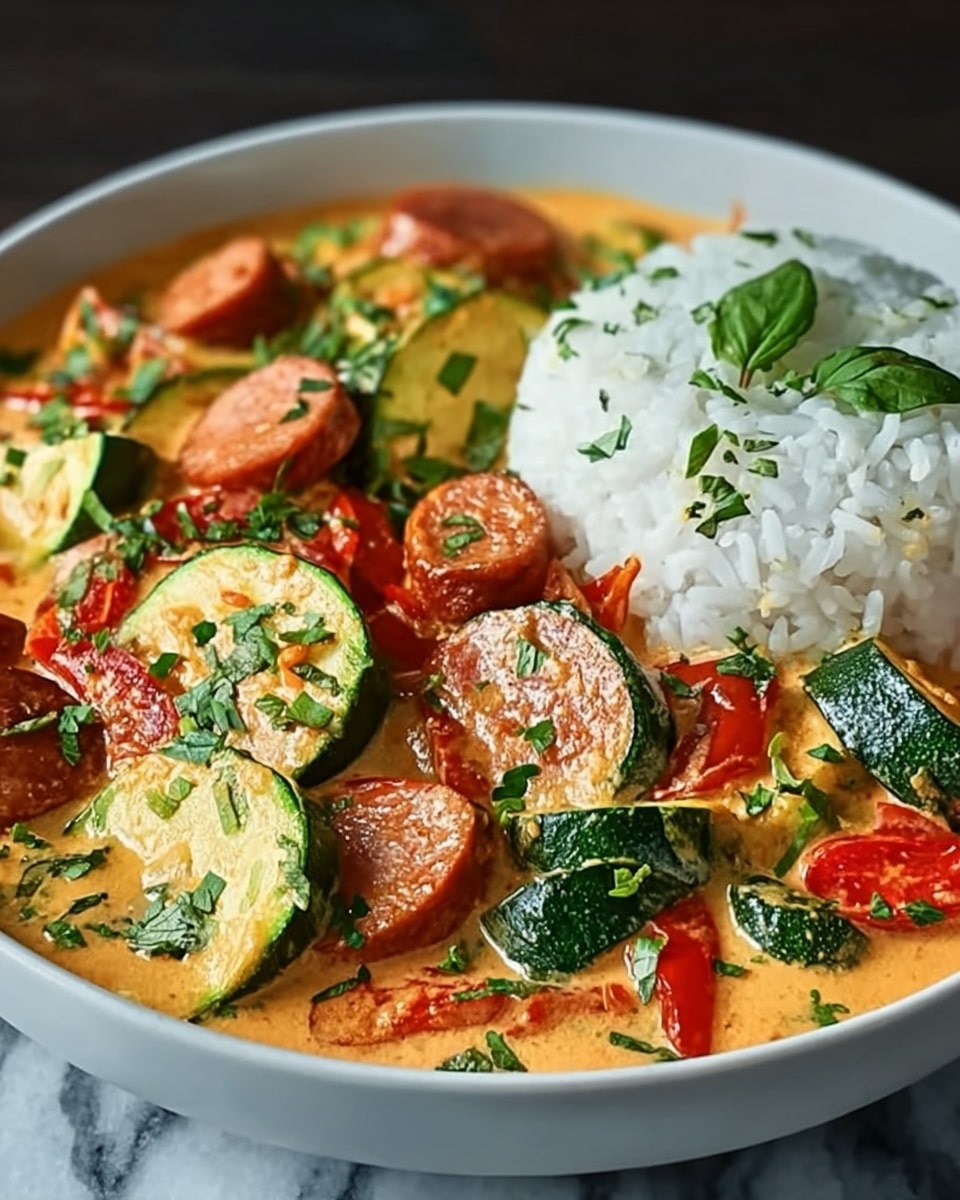 In a round deep white bowl, there is a creamy orange curry layer filled with thick slices of green and yellow zucchini, bright red round sausage pieces, and chopped green herbs sprinkled on top. On one side of the bowl, there is a neat mound of white rice with a few green herb leaves on top. The curry looks smooth and glossy, mixing with the chunky vegetables and meats to create a rich texture. The bowl is sitting on a surface with a white marbled texture. photo taken with an iphone --ar 4:5 --v 7