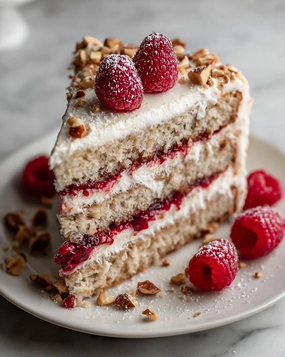 A thick slice of three-layer cake sits on a white plate, with each layer of light brown sponge cake separated by creamy white frosting and a bright red raspberry jam filling. The top layer is covered with smooth white frosting, sprinkled with chopped nuts and topped with three fresh raspberries dusted lightly with powdered sugar. More raspberries and scattered nuts surround the cake on the plate, all placed on a white marbled surface. photo taken with an iphone --ar 4:5 --v 7