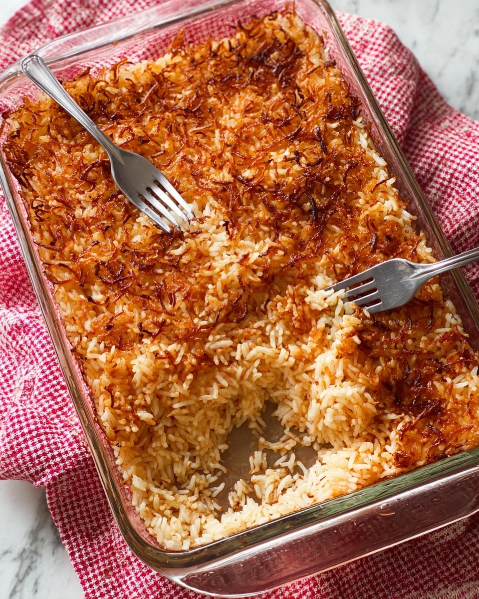 A clear glass rectangular baking dish filled with one thick layer of cooked rice that is golden brown around the edges and light brown and fluffy in the middle, with some crispy darker brown bits on top. Two silver forks are digging into the center of the rice, lifting some grains to show the softer texture inside. The dish is placed on a white marbled surface with a red and white checkered cloth partially visible beneath it. Photo taken with an iphone --ar 4:5 --v 7