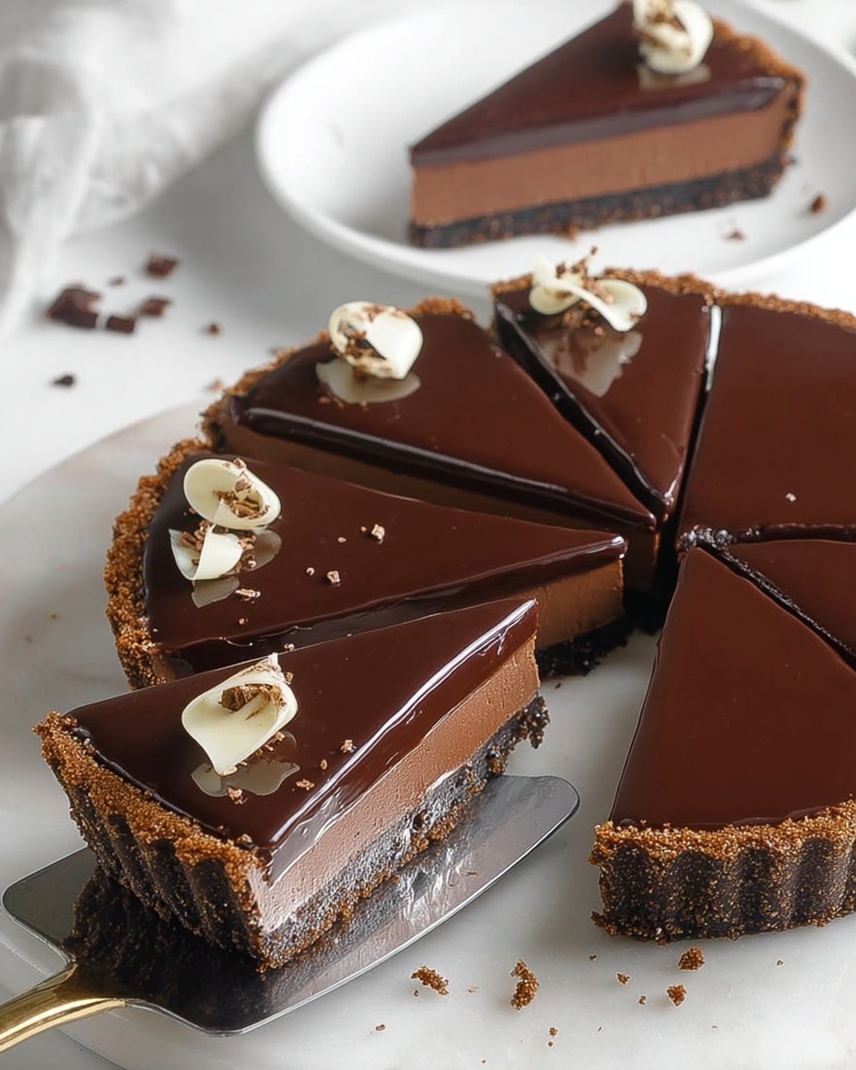 A round chocolate tart is sliced into six even pieces on a white marbled surface. The tart has three clear layers: a dark crumbly crust at the bottom, a middle layer of smooth dark chocolate filling, and a shiny, glossy chocolate glaze covering the top. Each slice is decorated with two small milk and white chocolate curls sitting neatly on the shiny glaze. One slice is being held up on a metal spatula, showing the thickness and texture of the three layers. There are some crumbs scattered around the tart. In the background, a white plate holds one slice of the tart. photo taken with an iphone --ar 4:5 --v 7