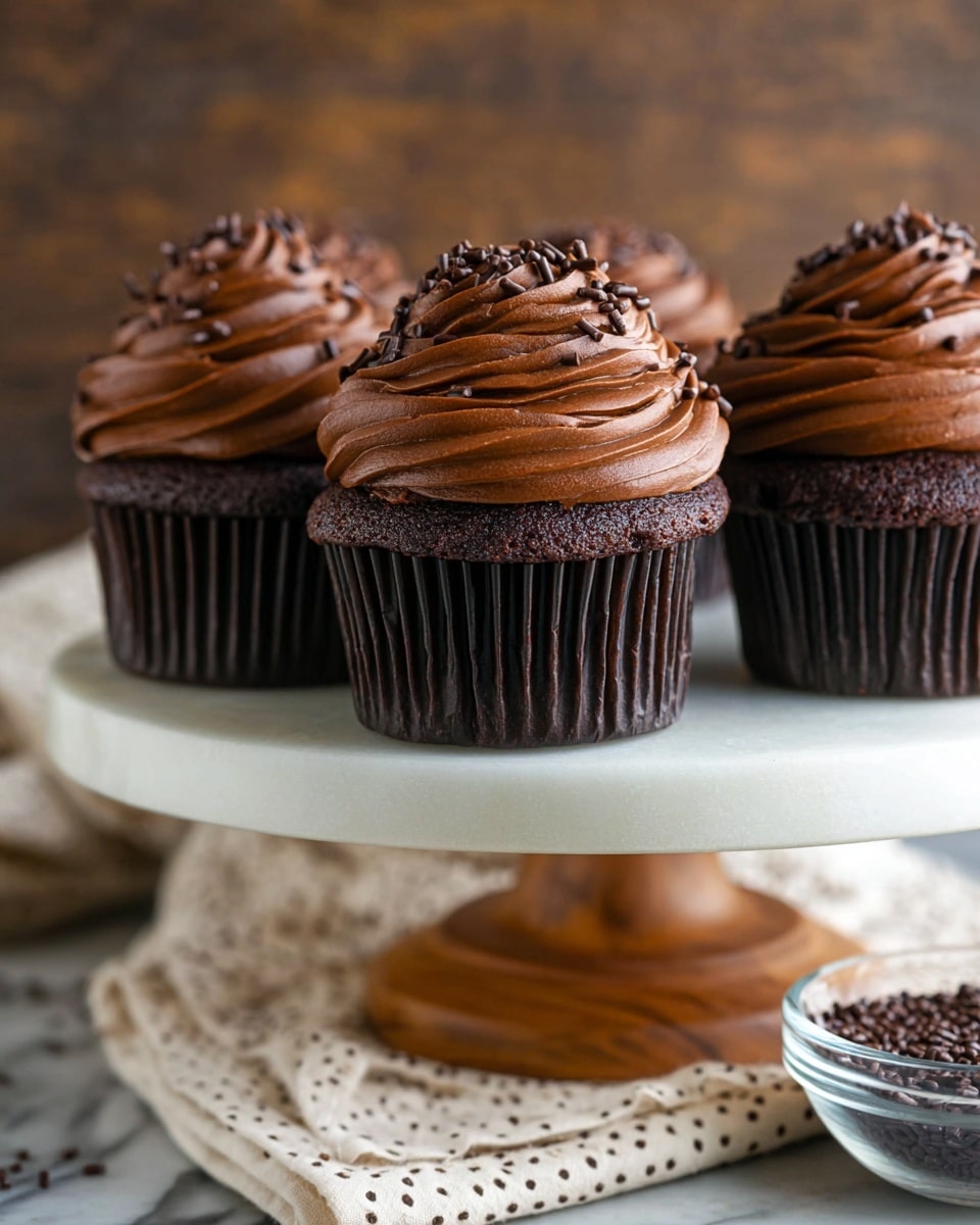 A group of chocolate cupcakes with three main layers: the bottom dark brown cupcake base has a slightly rough texture and sits in a dark paper liner, the middle layer is a tall swirl of smooth, rich chocolate frosting with deep ridges spiraling upwards, and the top layer is sprinkled with small, glossy chocolate sprinkles scattered unevenly on the frosting. They are placed closely together on a white cake stand with a wooden base, set over a folded cloth with tiny brown dots, all positioned over a white marbled textured surface. In the background, a small glass bowl filled with dark crumbs is visible but blurred. photo taken with an iphone --ar 4:5 --v 7