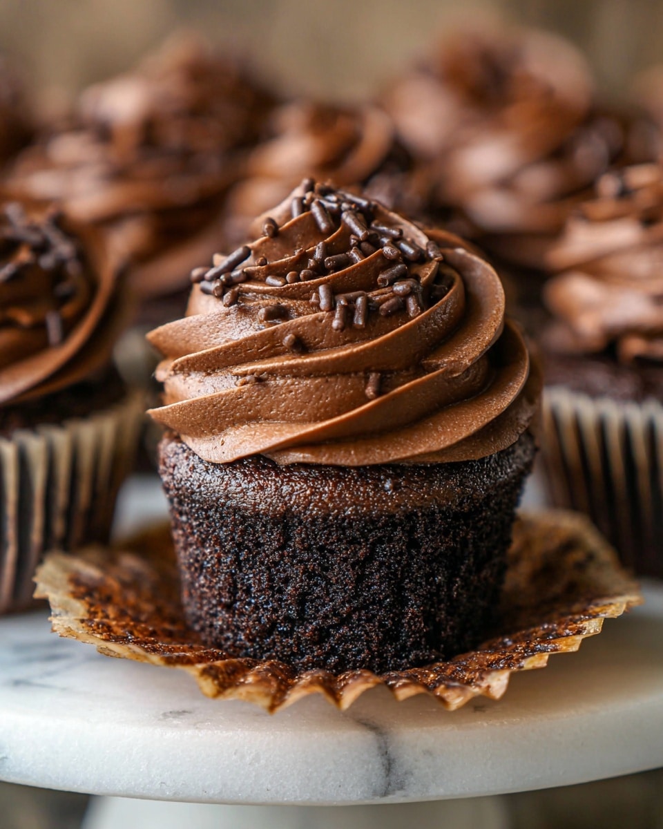 The image shows a close-up of a single chocolate cupcake with three visible layers: the bottom layer is a dark, moist chocolate cake with a rough texture, the middle layer is a brown cupcake liner that is peeled back and has a slightly translucent, crinkled look, and the top layer is a smooth, swirled, dark chocolate frosting decorated with small chocolate sprinkles. The cupcake is placed on a white plate with a white marbled texture below it and multiple similar cupcakes blurred in the background. photo taken with an iphone --ar 4:5 --v 7