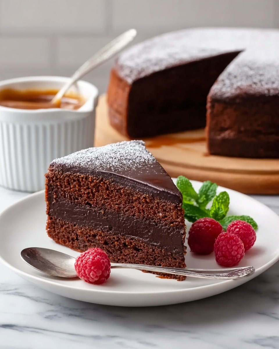 A slice of chocolate cake is shown on a white plate with a smooth dark chocolate filling layer in the middle, surrounded by two thick, moist, dark brown cake layers on top and bottom. The top of the cake is dusted lightly with powdered sugar. Next to the slice on the plate, there are two fresh red raspberries and a small sprig of bright green mint. A silver spoon lies beside the cake on the plate. In the background, the whole chocolate cake without the slice is placed on a white plate, and there is a white ramekin filled with a caramel-like sauce with a spoon resting inside. The setting is on a white marbled texture surface. Photo taken with an iphone --ar 4:5 --v 7