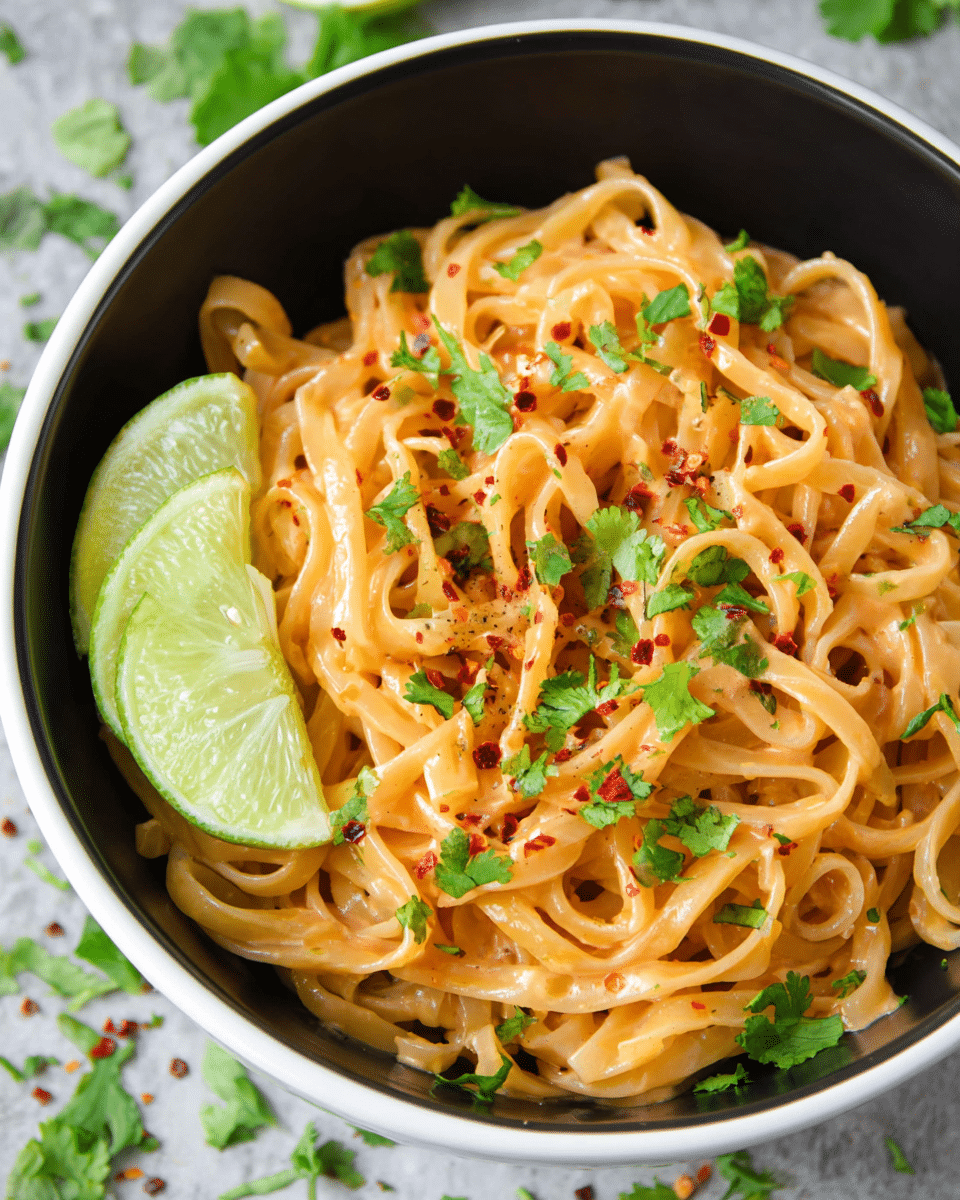 A close-up view of a bowl filled with light orange creamy noodles, arranged in loose loops and coated evenly in sauce. Scattered on top are fresh green cilantro leaves and red chili flakes adding specks of color. On the side inside the bowl, there are two pale green lime wedges with textured skin. The bowl is white on the outside and black inside, sitting on a white marbled textured surface scattered with some chopped cilantro leaves and red chili flakes. Photo taken with an iphone --ar 4:5 --v 7