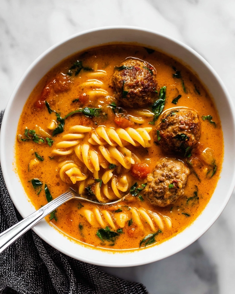 A white bowl filled with a thick, orange creamy soup with three browned meatballs sitting on top. Inside the soup are several pieces of spiral-shaped pasta with a glossy, slightly soft texture. Dark green leafy bits are scattered throughout, along with small pieces of tomato and specks of herbs. The soup surface has a smooth, rich look with some shiny spots from the oil. A silver spoon rests inside the bowl, partly submerged in the soup, with one spiral pasta slice on it. The bowl is set on a white marbled surface with a black and white cloth peeking from under the bowl. Photo taken with an iphone --ar 4:5 --v 7