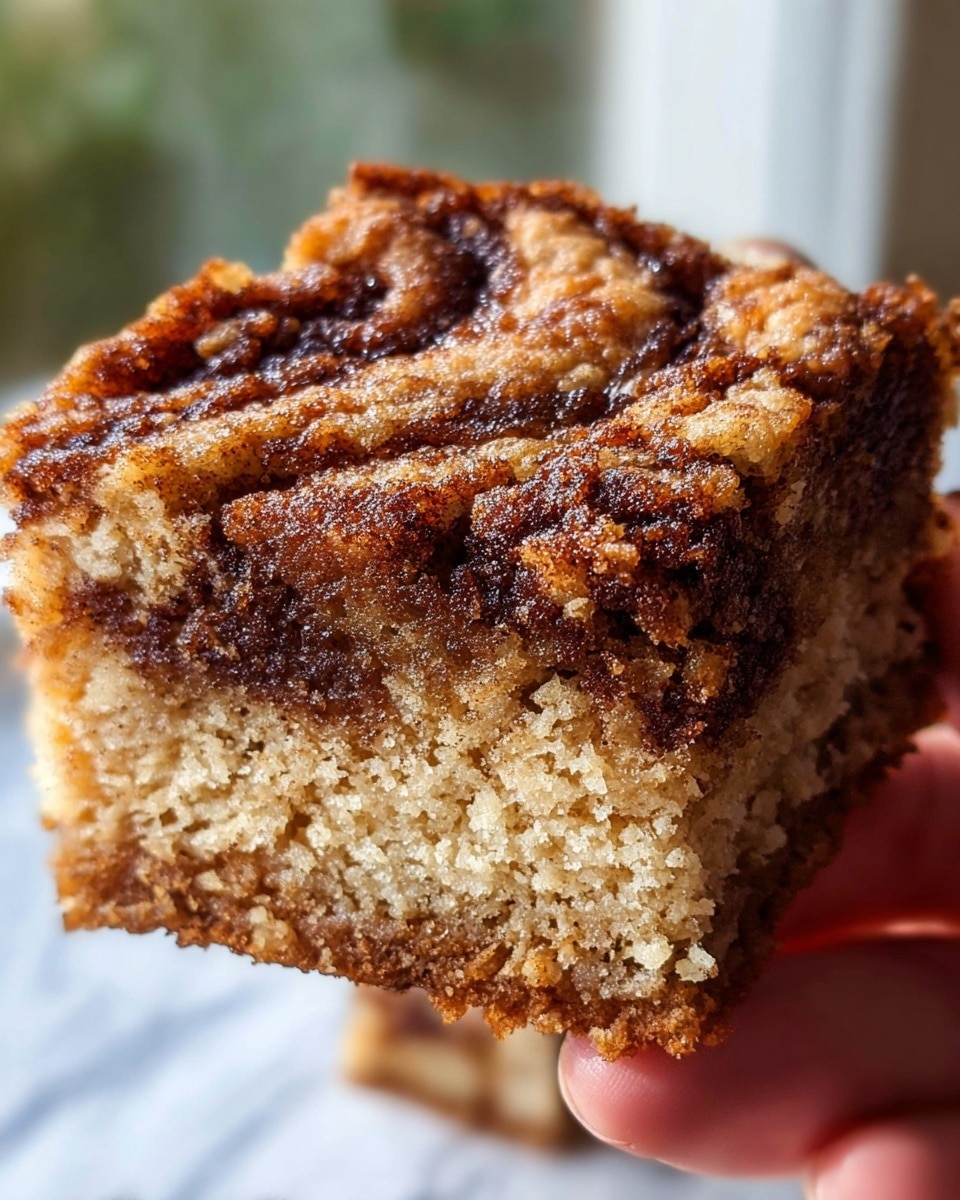 A close-up of a square piece of cinnamon cake held by a woman's hand with a white marbled texture background. The cake has two main layers: a light brown, coarse textured base that looks soft and moist, and a thicker, darker brown cinnamon swirl layer on top with a slightly glossy, sugared surface showing cinnamon spirals and a crunchy texture. The top layer has a rough, uneven pattern from the cinnamon mixture. Photo taken with an iphone --ar 4:5 --v 7