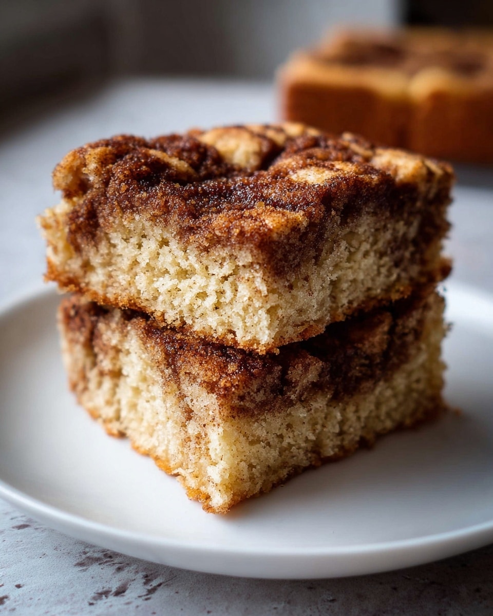 The image shows two thick square pieces of cinnamon coffee cake on a white plate with a white marbled texture underneath. Each piece has two visible layers: a dense, light golden brown cake base with a soft crumb texture, and a darker, richly spiced cinnamon swirl layer running through the middle and on top, creating a slightly rough and caramelized surface. The top layer is uneven with some deeper brown spots, giving a homemade, rustic feel. The background is softly blurred, emphasizing the cake’s texture and colors. Photo taken with an iphone --ar 4:5 --v 7