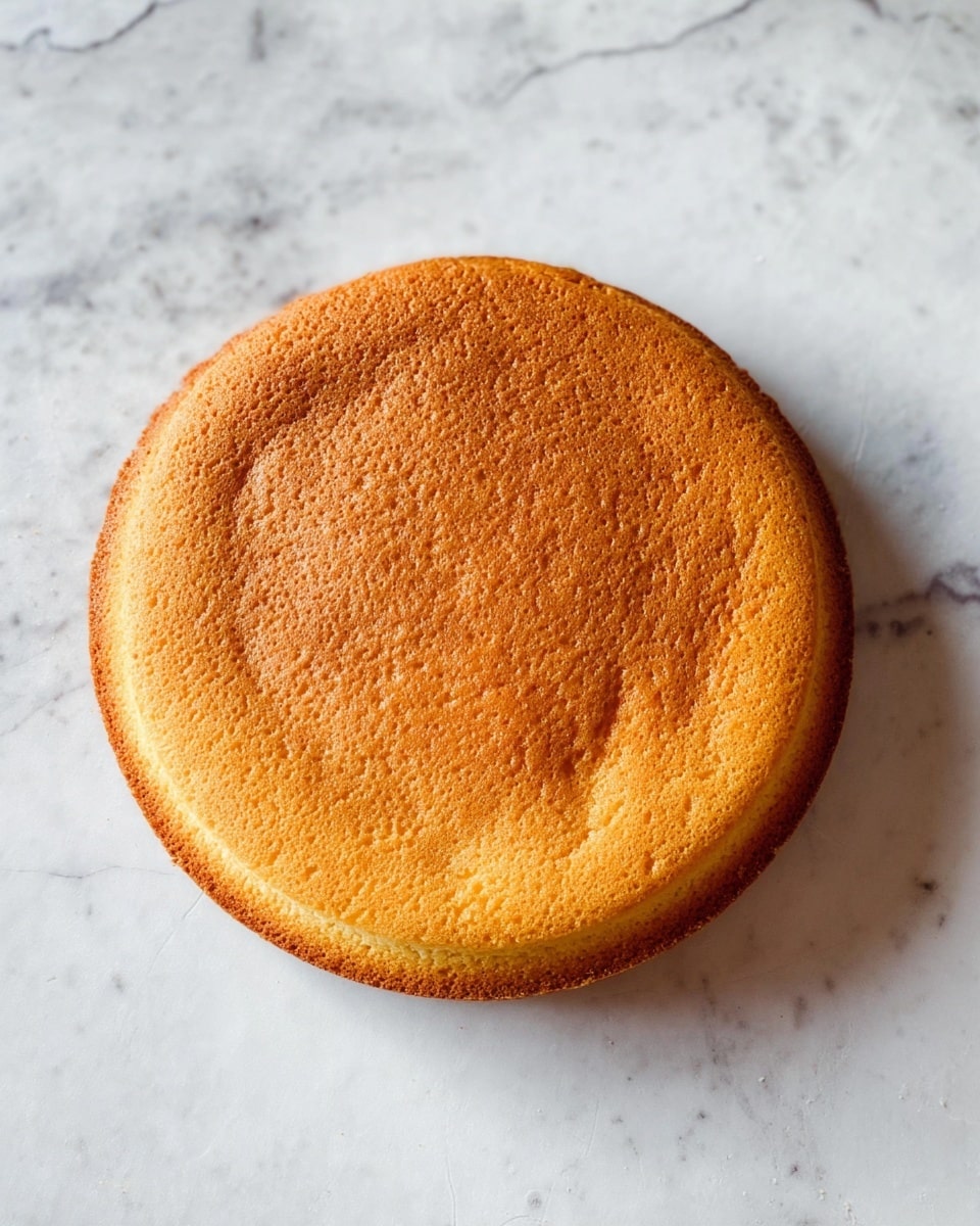 Two layers of plain sponge cake sit on a white marbled surface, one layer is flipped to show its golden-brown crust, while the other shows a light yellow, soft and porous inside texture. Both layers are round and evenly thick, with some crumbs around them on the surface. photo taken with an iphone --ar 4:5 --v 7