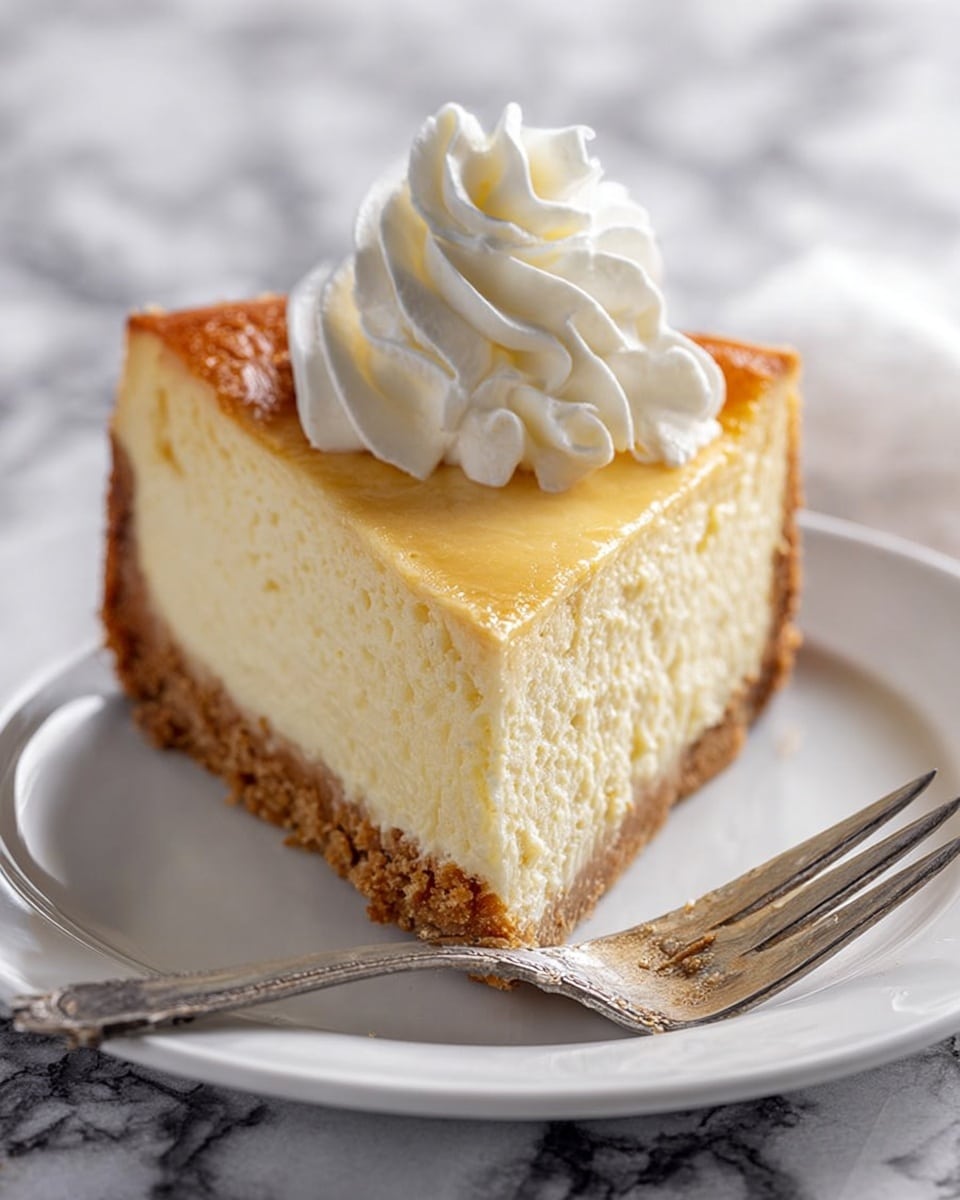 A single slice of cheesecake is shown on a white plate set on a white marbled surface. The cheesecake has three layers: the bottom layer is a light brown, crumbly graham cracker crust; the middle layer is thick and creamy with a pale yellow color; the top layer is a smooth, slightly darker golden-brown baked surface. On top of the cheesecake, there is a swirl of white whipped cream with soft, curvy folds. A silver fork with a small piece of cheesecake on its tines lies on the right side of the plate. photo taken with an iphone --ar 4:5 --v 7