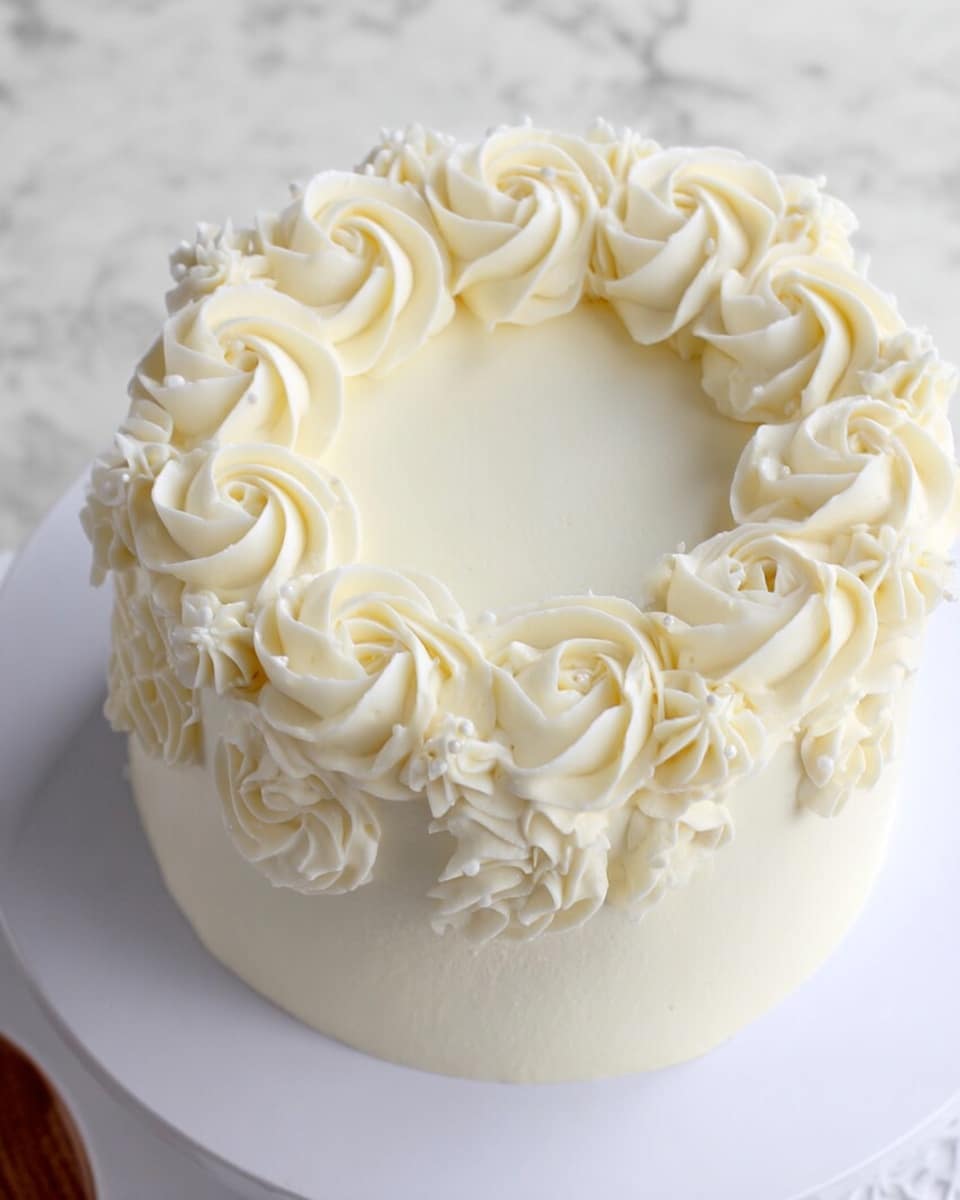 The image shows a two-tier white cake with smooth, creamy icing. The bottom tier is larger and decorated with a thick band of creamy white frosting shaped like roses, small star swirls, and soft petal-like designs in the middle. There are round dot accents scattered along this floral band. The top tier is smaller, placed in the center, and has a similar floral decoration around its middle with intricate roses and other soft shapes, plus a neat row of round white dots at the bottom edge. The entire cake sits on a white round base on a white marbled surface against a plain light background. photo taken with an iphone --ar 4:5 --v 7
