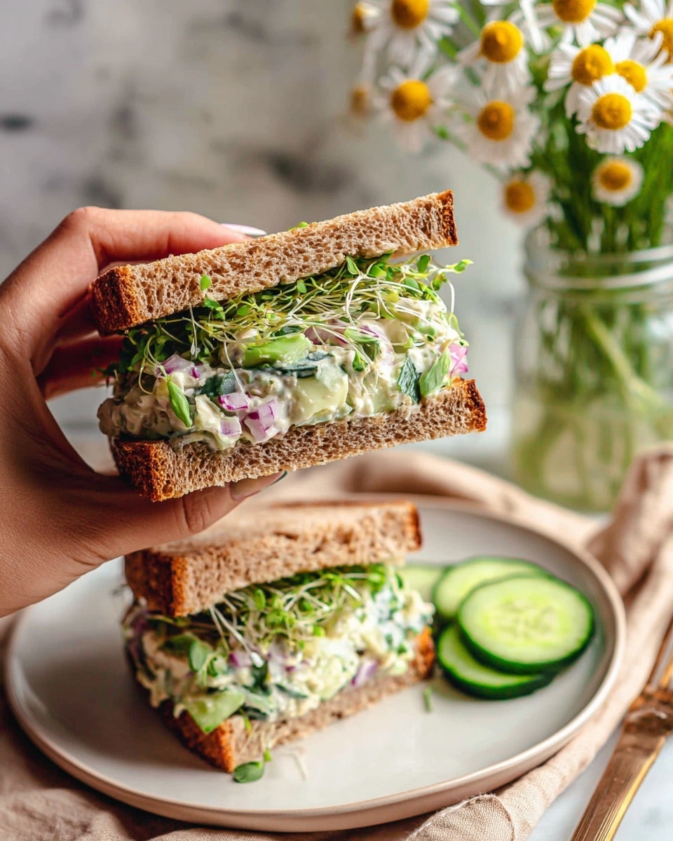 The image shows a sandwich held by a woman's hand with two slices of toasted brown bread. Inside the sandwich, there are visible layers of creamy salad mixed with cucumber slices, small red onion pieces, and fresh green sprouts on top. The filling looks fresh and slightly chunky, with light green leafy herbs mixed in. Another half of the sandwich lies on a white plate underneath, with a slice of cucumber beside it. The setting includes a soft beige cloth and a clear glass jar, all on a white marbled surface, with a vase of white and yellow daisies nearby. photo taken with an iphone --ar 4:5 --v 7