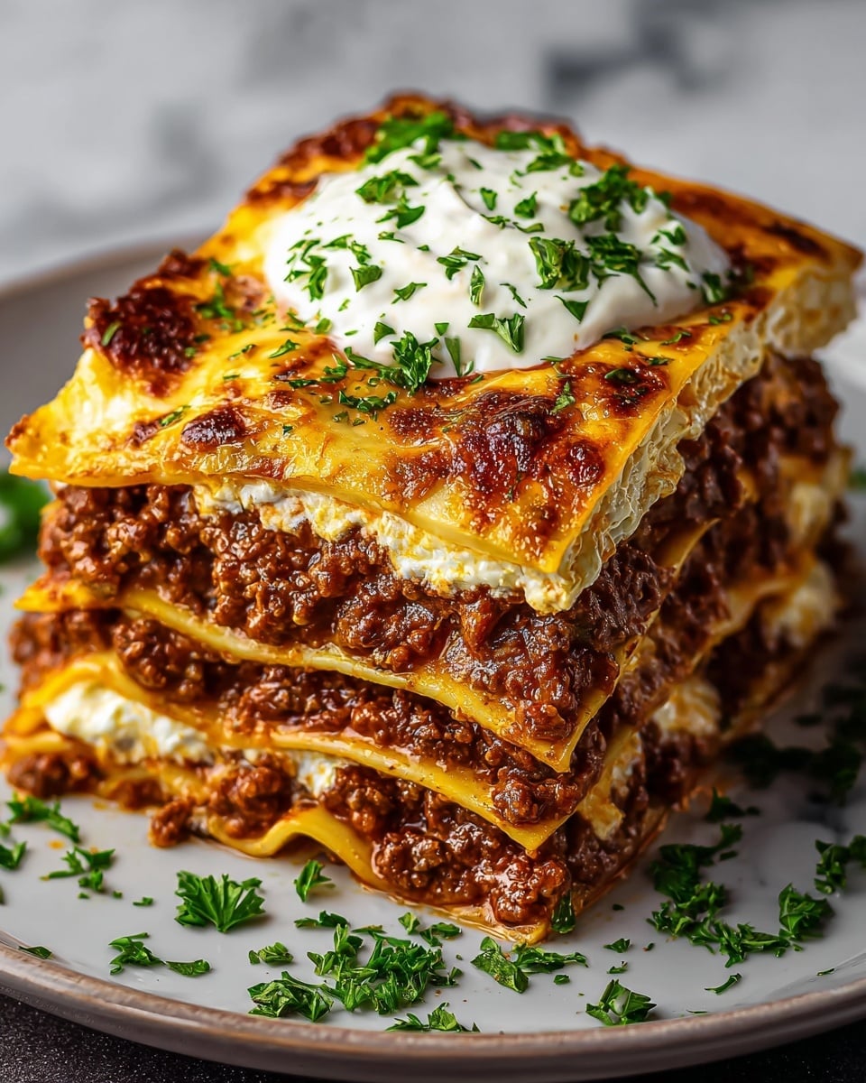 A tall square slice of lasagna with four visible layers of golden-brown baked pasta sheets. Between each pasta layer is a rich, dark brown meat sauce mixed with crumbly beef, and creamy, white ricotta cheese filling that peeks out slightly. The top layer is browned and bubbly, with melted cheese spotting the surface. On top of the lasagna is a dollop of smooth white cream sauce sprinkled with bright green chopped parsley, which is also scattered around the base on a white plate. The background is a white marbled texture. Photo taken with an iphone --ar 4:5 --v 7
