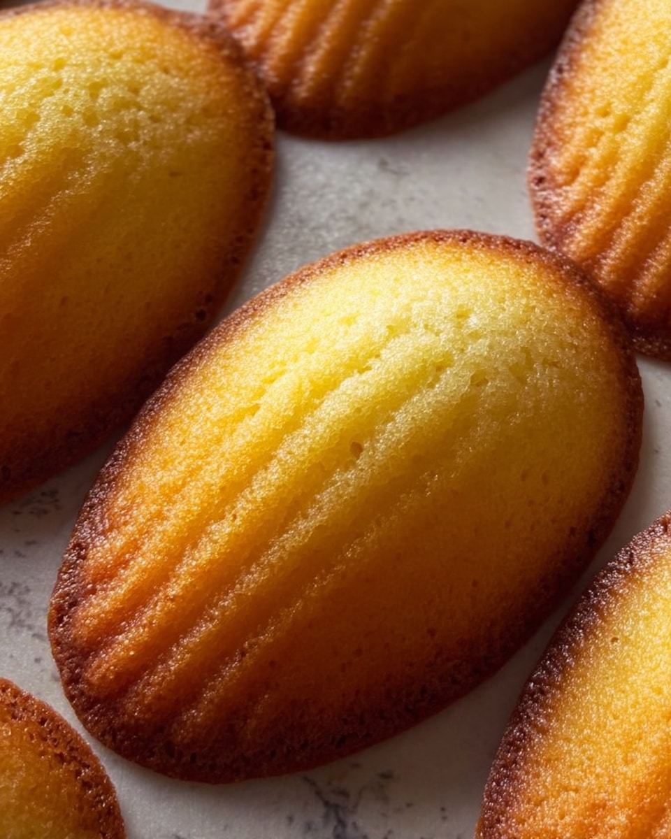 The image shows close-up views of multiple golden brown madeleine cookies with a shell-like ridged pattern on top, each cookie having a slightly domed, smooth, and shiny surface with a fine crumb texture visible. The edges are crisp and darker brown, contrasting with the lighter yellow center. The cookies sit in a white marbled textured background, highlighting their warm, baked color and soft look. Photo taken with an iphone --ar 4:5 --v 7