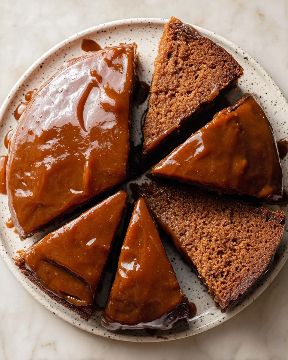 A round cake covered with a thick, shiny brown glaze is placed on a white plate with a speckled pattern on a white marbled surface. The cake is cut into six triangular slices, with four slices still together forming a partial circle and two slices slightly pulled away to reveal the moist, rich brown interior texture. The glaze smoothly coats the top and sides of each slice, with some glaze dripping onto the plate around the cake. The overall look is glossy and inviting. Photo taken with an iphone --ar 4:5 --v 7