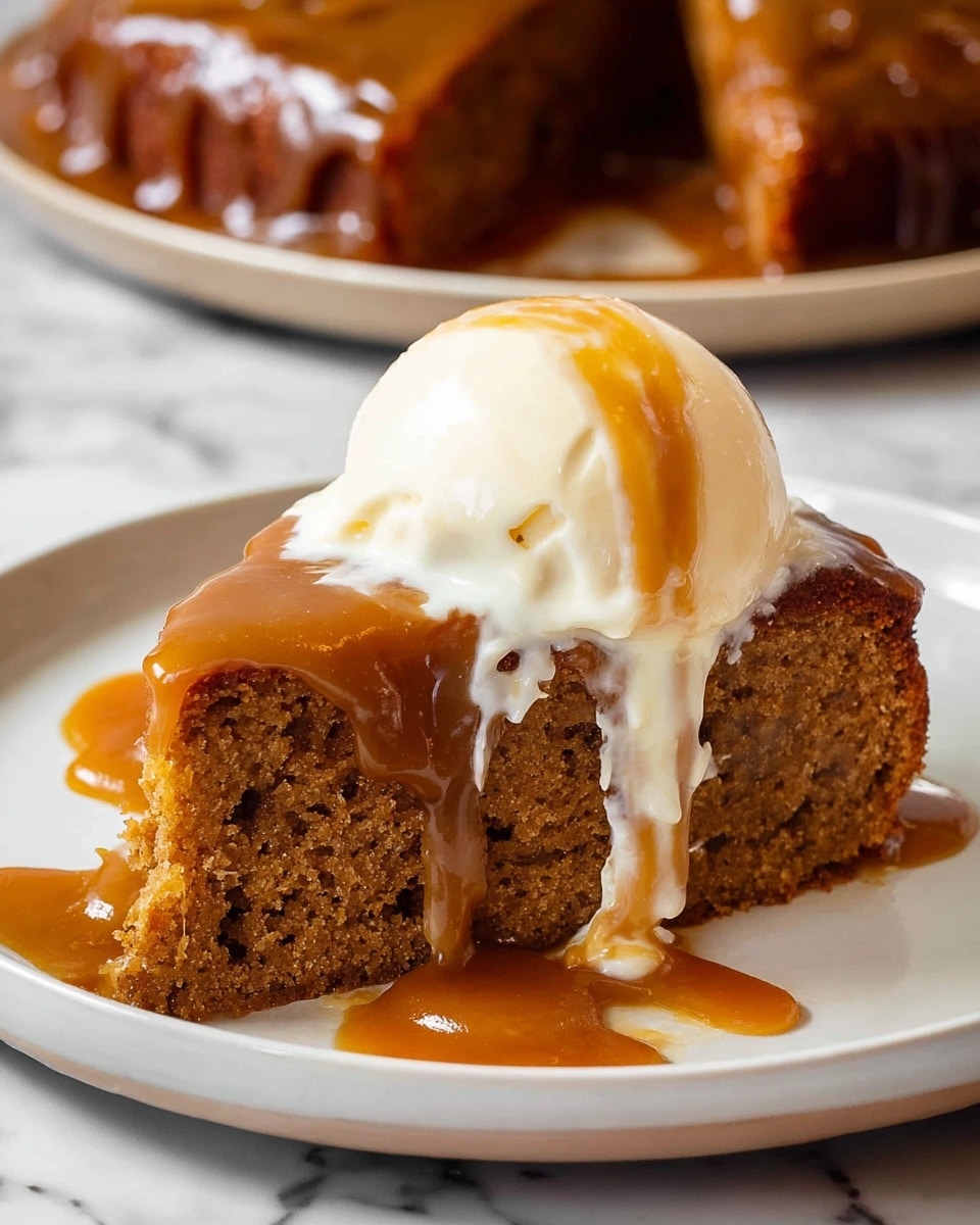 A slice of moist brown cake with a slightly crumbly texture sits on a white plate, topped with a thick layer of golden caramel sauce that drips down the sides. On top of the caramel is a smooth, creamy scoop of vanilla ice cream that begins to melt slightly, blending into the caramel. The background shows more of the same cake with a glossy caramel topping, all placed on a white marbled surface. photo taken with an iphone --ar 4:5 --v 7