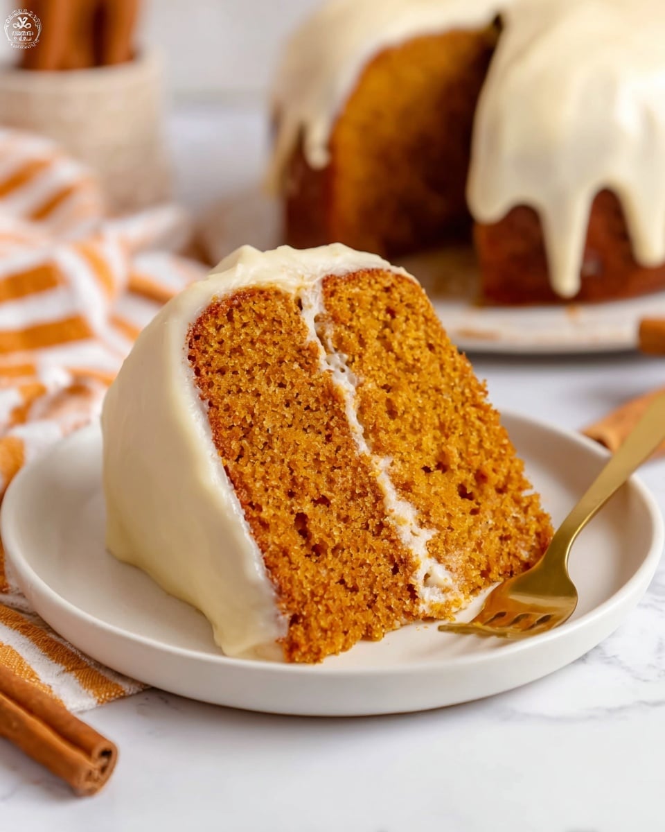 A close-up view of a single slice of moist orange-brown cake with a soft crumb texture, sitting on a white plate. The slice has two visible layers: the main cake layer is thick, dense, and spongy, and it is topped with a smooth, creamy off-white frosting that gently drapes over the edges. Next to the plate is a gold spoon partially inserted into the cake. The scene includes a cinnamon stick and a white cloth with orange stripes on a white marbled surface in the background, along with a blurred view of the whole frosted cake. photo taken with an iphone --ar 4:5 --v 7
