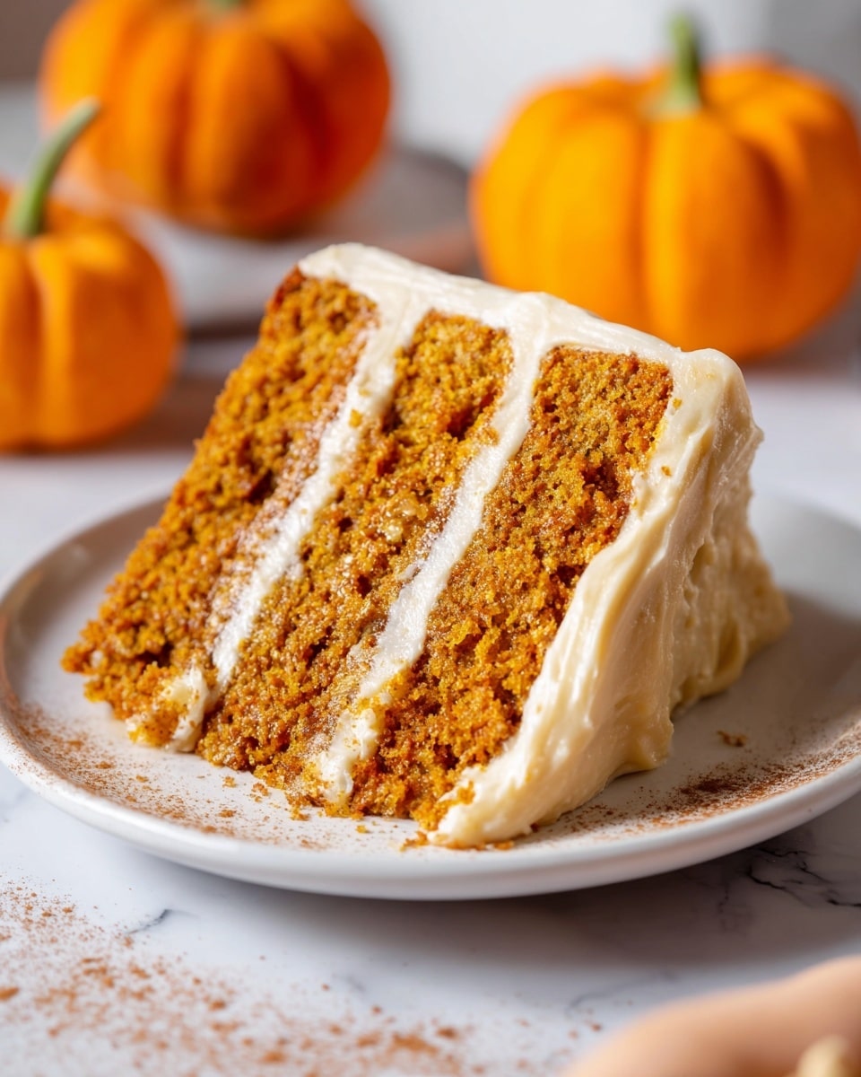A slice of moist, three-layer orange-brown pumpkin cake sits on a white plate, each layer separated by a thin layer of creamy, light beige frosting. The frosting also covers the top and sides of the cake with a smooth texture. In the background, there are blurred small orange pumpkins, and the plate rests on a white marbled surface dusted lightly with cinnamon powder. The overall scene has warm, autumnal tones. photo taken with an iphone --ar 4:5 --v 7