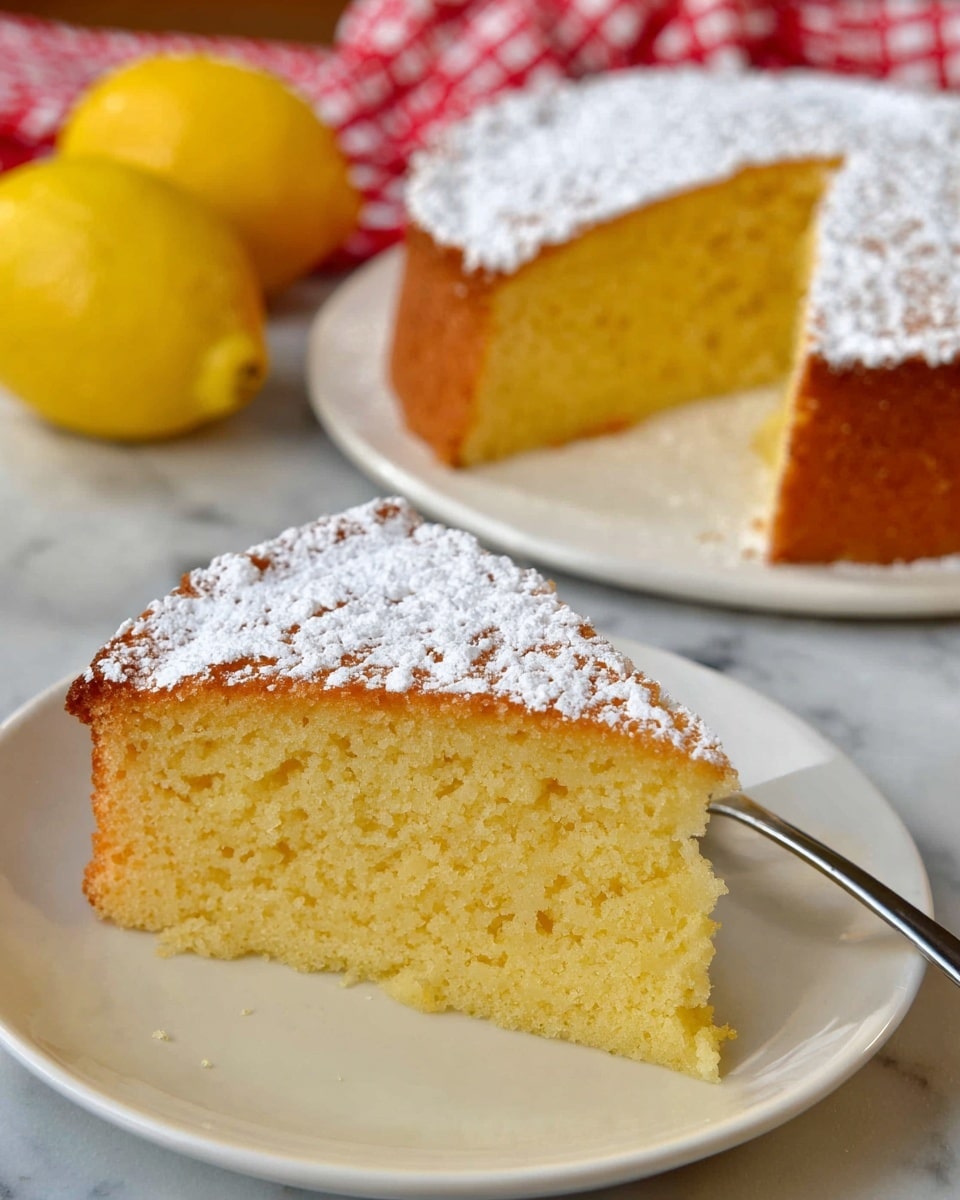 A slice of soft yellow cake with a light brown crust sits on a white plate, topped evenly with a dusting of white powdered sugar, displaying a delicate texture full of small air holes. Behind it, the rest of the cake, also dusted with powdered sugar, is on another white plate showing its thick, round shape with a golden brown outside. To the side, two bright yellow lemons rest on a white marbled surface with a red and white checkered cloth nearby. A silver fork is partly visible next to the cake slice. photo taken with an iphone --ar 4:5 --v 7