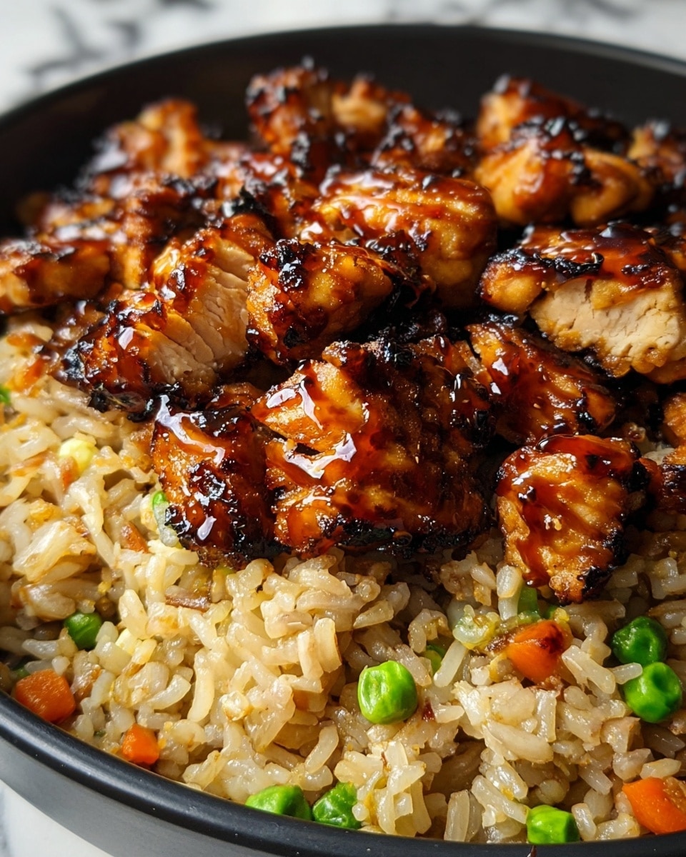 A close-up view of a black bowl filled with two layers of food: the bottom layer is a bed of light brown fried rice mixed with small bits of orange carrot and green peas, the grains looking fluffy and slightly glossy; on top, there is a generous layer of grilled chicken pieces coated in a shiny, dark brown glaze that looks sticky and caramelized, with some pieces showing char marks for a smoky texture. The background is a white marbled surface. photo taken with an iphone --ar 4:5 --v 7