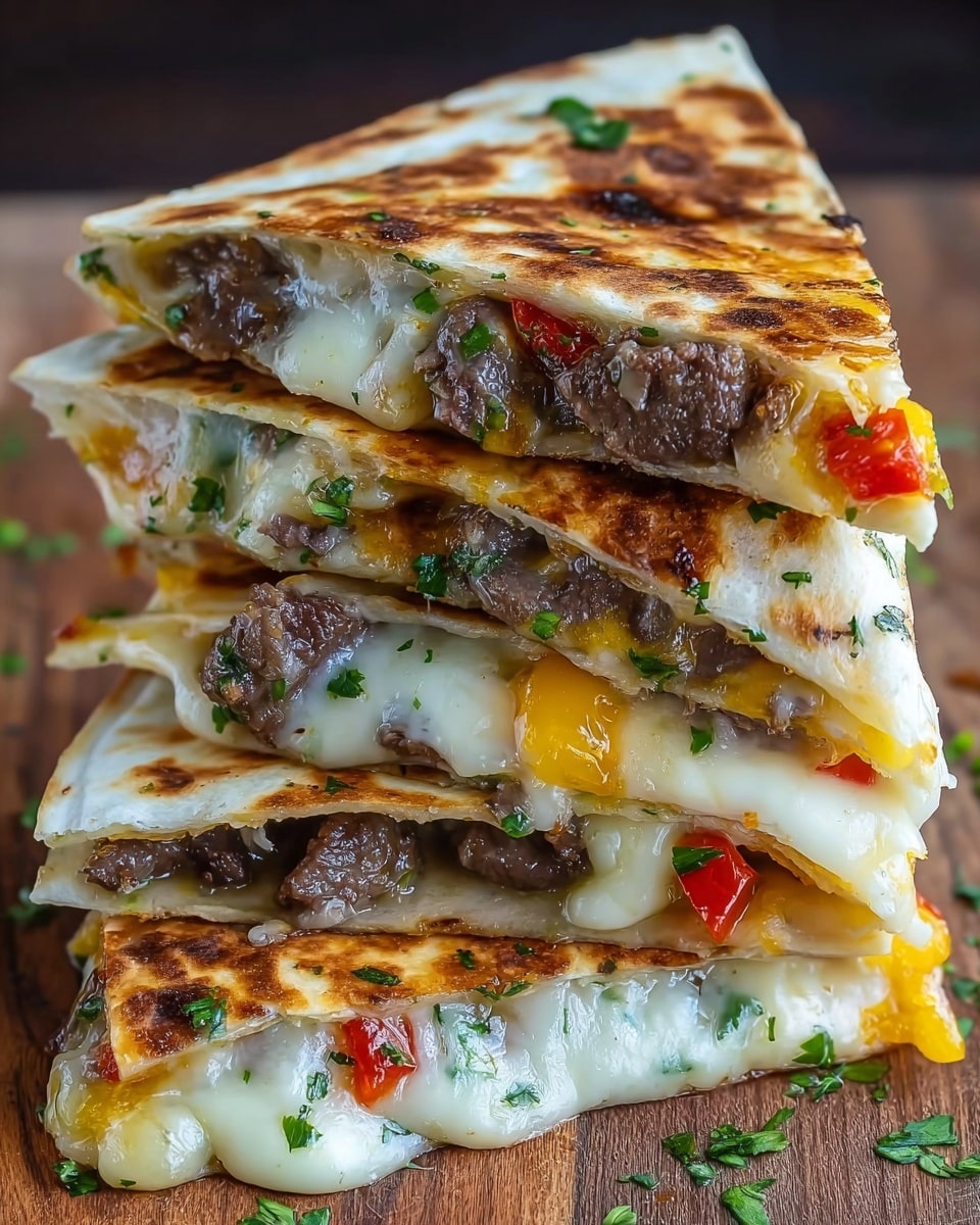 A stack of four triangular quesadilla slices is shown closely, each layer filled with melted white and yellow cheese that is gooey and slightly stretchy. Inside the quesadilla, there are pieces of brown cooked beef and small red and green pepper bits, all mixed with chopped green herbs sprinkled on top and inside. The outer tortillas are golden brown with toasted spots and a slightly crispy texture. The quesadillas are placed on a wooden surface with a few green herb bits scattered around. photo taken with an iphone --ar 4:5 --v 7
