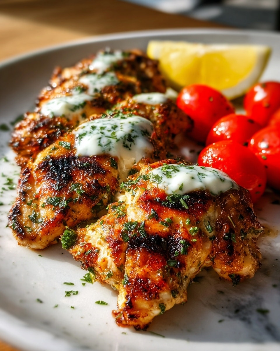The image shows a white plate with four grilled chicken pieces lined up near the center, each one golden brown with charred spots and sprinkled with green herbs. Small dollops of white creamy sauce are on top of the chicken pieces. To the right side of the chicken, there are several bright red cherry tomatoes, and behind the chicken at the back of the plate is a lemon wedge. The plate sits on a white marbled surface, and the lighting highlights the textures of the grilled chicken and the freshness of the tomatoes. photo taken with an iphone --ar 4:5 --v 7