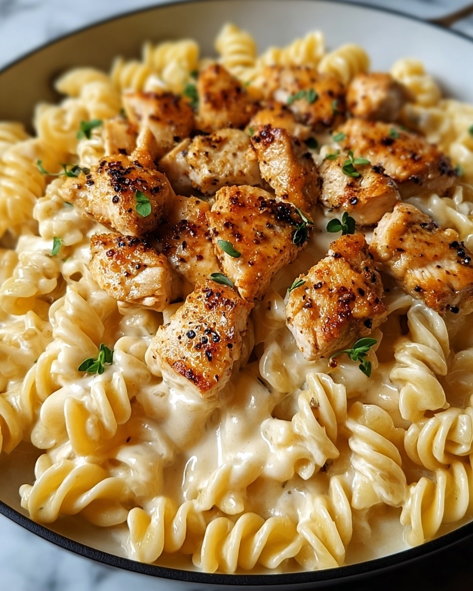 The image shows a close-up of a creamy pasta dish with two main layers. The bottom layer is pale yellow rotini pasta coated in a smooth, cheesy white sauce, making the pasta look glossy and soft. On top, there are small golden-brown pieces of grilled chicken, browned evenly with a slightly crispy texture and black pepper flakes, scattered all over. Some small green herb leaves are placed lightly on the chicken and pasta for extra color contrast. The dish is served in a white pan, all set on a white marbled surface. photo taken with an iphone --ar 4:5 --v 7