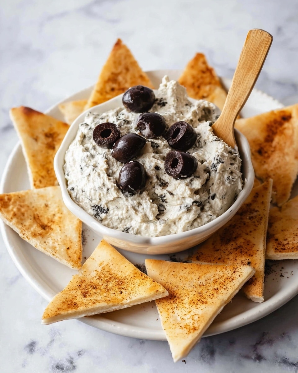 In the image, a small white bowl filled with creamy, thick dip mixed with finely chopped black olives sits at the center. The dip is topped with several halved whole black olives, adding a glossy dark touch on the light textured surface. Surrounding the bowl are several golden, triangular pita chips, lightly seasoned and slightly crisp, resting on a white plate. The plate is placed on a smooth white marbled surface. A wooden-handled small spoon is stuck into the dip, leaning towards the right side, showing its light wood grain texture. Photo taken with an iphone --ar 4:5 --v 7