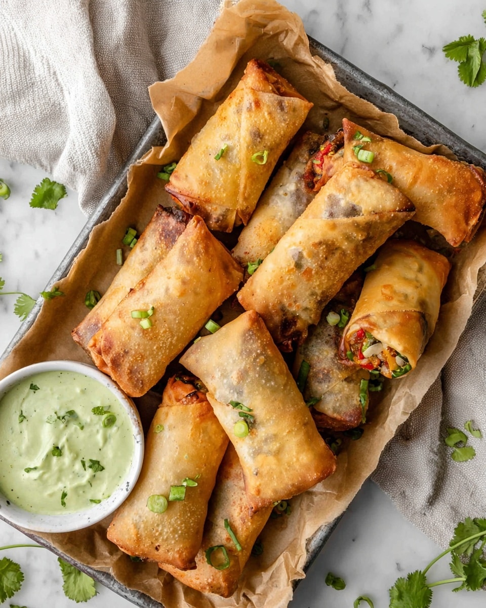 The image shows a tray lined with brown parchment paper holding eight golden-brown fried spring rolls, some slightly darker in color with visible bits of red and green inside, hinting at a vegetable filling. The spring rolls are garnished with small pieces of chopped green herbs scattered across them. To the lower left side of the tray, there is a small white bowl filled with green creamy dip topped with chopped herbs. The background is a white marbled surface with a light-colored cloth and a few sprigs of fresh green herbs around the tray. photo taken with an iphone --ar 4:5 --v 7
