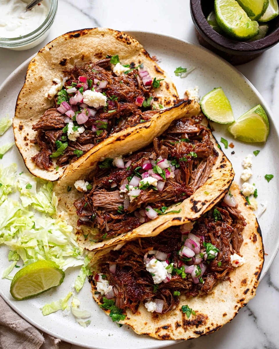 Three tacos on a white plate, each with two slightly charred tortillas folded to hold shredded dark brown meat inside. The meat is topped with small pieces of red and white chopped onion and bits of green herbs. Scattered around the tacos are small pieces of shredded pale green lettuce and a wedge of lime in the bottom left on the plate. In the top right, there is a small dark bowl with lime wedges, and a small clear container with white sauce is visible near the top left. The plate is set on a white marbled surface. photo taken with an iphone --ar 4:5 --v 7