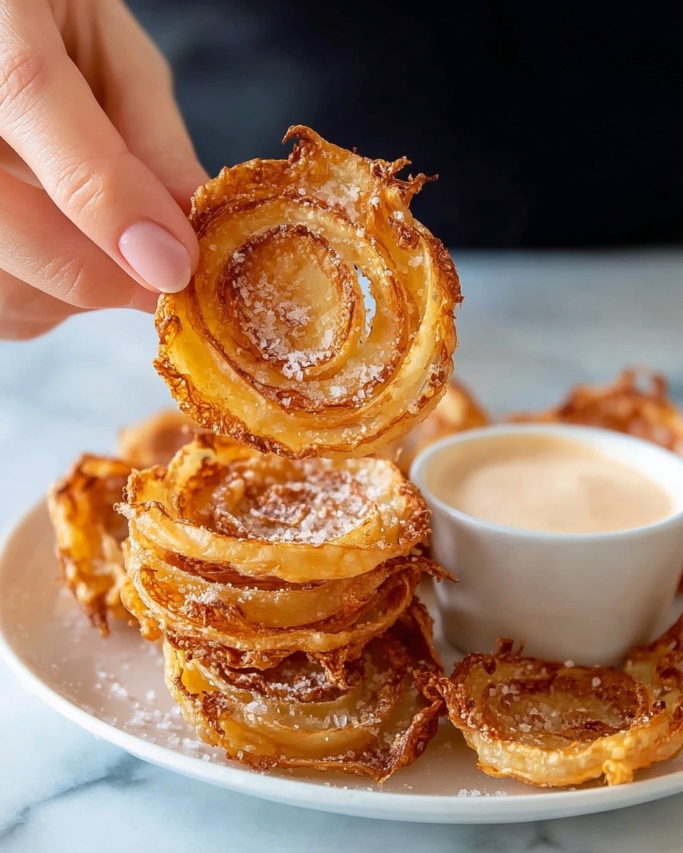 A close-up of a woman's hand holding a single crispy, golden-brown onion blossom chip, showing its layered circular shape with darker brown edges and sprinkled with coarse salt crystals. Below, a white plate holds a stack of several similar onion blossom chips, all showing multiple thin, curled layers with a crunchy texture and sprinkled with salt. Next to the chips on the plate is a small white bowl filled with a creamy, light beige dipping sauce. The background features a soft, blurred view of a person wearing black. The photo is taken on a white marbled surface. photo taken with an iphone --ar 4:5 --v 7