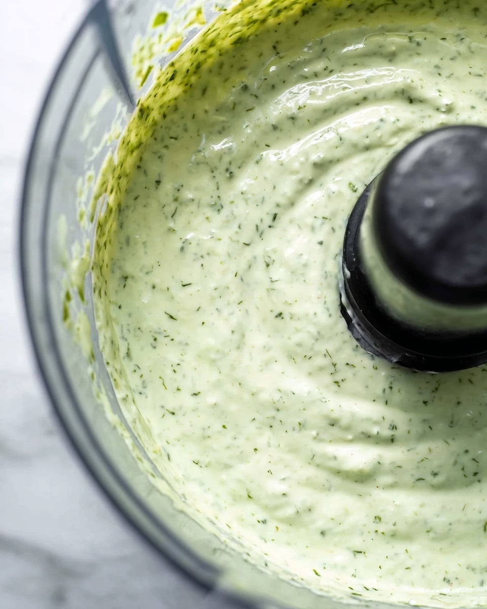 A close-up view of a creamy, light green sauce with small green herb pieces mixed in, showing a thick and slightly chunky texture. The sauce fills a clear food processor bowl, with the black center blade visible on the left side. The bowl’s sides show bits of sauce stuck to them, indicating the sauce is freshly blended. The background is a white marbled texture. photo taken with an iphone --ar 4:5 --v 7