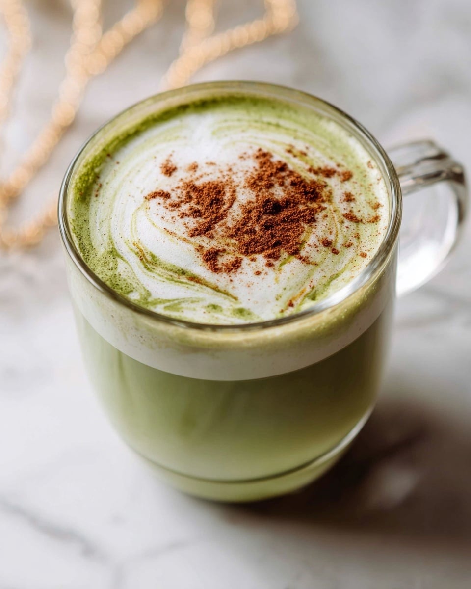 A clear glass mug filled with a green matcha latte showing three visible layers: a light green frothy matcha base at the bottom, a middle swirling layer of creamy white foam with green swirls mixed in, and a top layer of white foam dusted with fine brown cinnamon powder spread unevenly in the center. The mug handle is on the right side, resting on a white marbled surface with soft gold chain blurred in the background. photo taken with an iphone --ar 4:5 --v 7