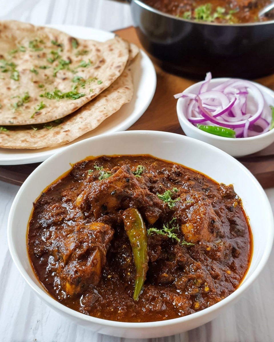A white bowl filled with rich, dark brown curry with thick texture, showing chunks of chicken and whole green chilies, garnished with small green coriander leaves. Behind it, there is a white plate with three folded pieces of lightly browned flatbread, sprinkled with green herbs. To the side, a small white bowl holds thinly sliced purple onions mixed with small green herb pieces. In the background, a dark cooking pot contains more of the same curry, sitting on a wooden table. The scene is set on a white marbled surface. photo taken with an iphone --ar 4:5 --v 7