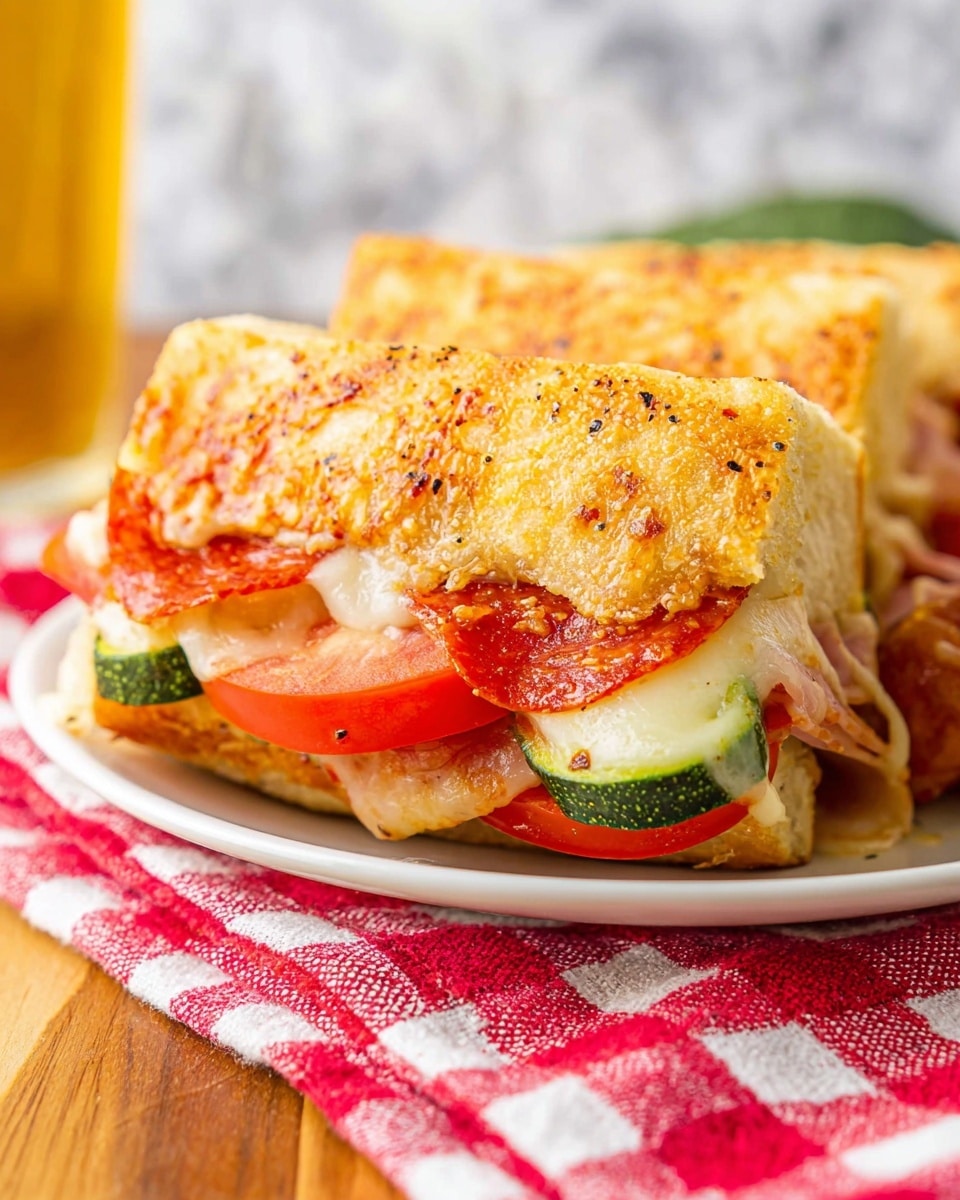 A close-up of a sandwich with two thick pieces of golden brown bread that have a crispy texture and melted cheese on top. Inside the sandwich are layers of red pepperoni slices, green zucchini, and red tomato slices, with light pink deli meat peeking out from the bottom. The sandwich sits on a white plate that rests on a red and white checkered cloth over a wooden surface, with a blurred white marbled background. Photo taken with an iphone --ar 4:5 --v 7