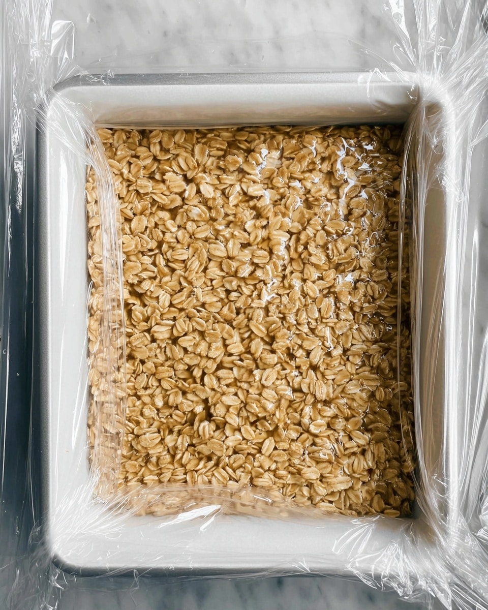 A close-up image shows a square baking pan lined with white parchment paper containing a single layer of thick, golden oat mixture pressed down flat. The oats are whole and slightly toasted, spread evenly and tightly, forming a rough textured top layer with some shine from a syrup or honey coating. The pan is covered loosely with clear plastic wrap, with soft reflections visible on it. The pan rests on a white marbled surface inside a fridge. photo taken with an iphone --ar 4:5 --v 7
