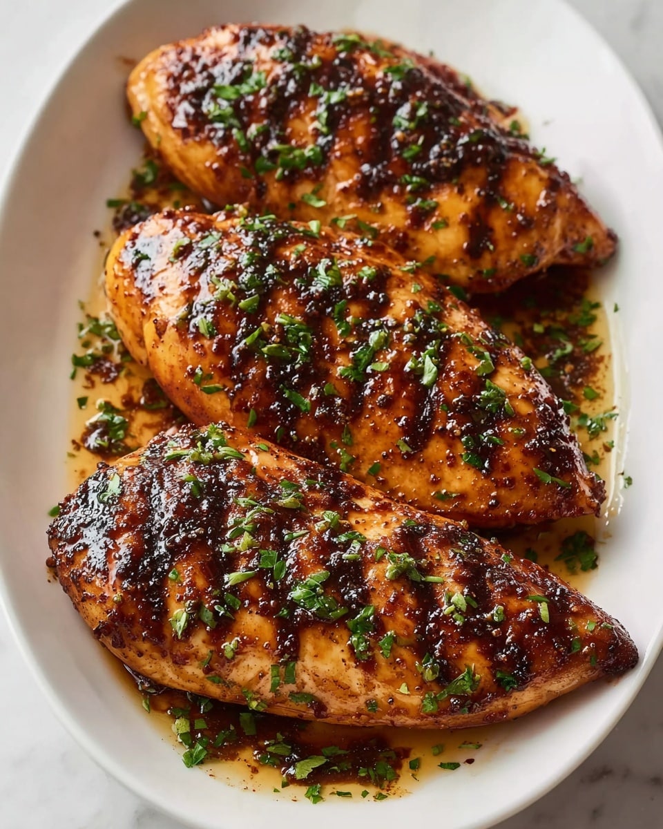 Three grilled chicken breasts lie side by side on a white oval plate, each piece richly coated with a dark, glossy sauce that highlights the charred spots and caramelized edges. The chicken has a golden brown color beneath the glaze, with a tender texture visible under the shiny surface. Chopped green herbs are sprinkled generously over the top and around the base, adding a fresh contrast to the deep browns and oranges of the meat. The plate rests on a white marbled surface, enhancing the warm, savory look of the dish. photo taken with an iphone --ar 4:5 --v 7