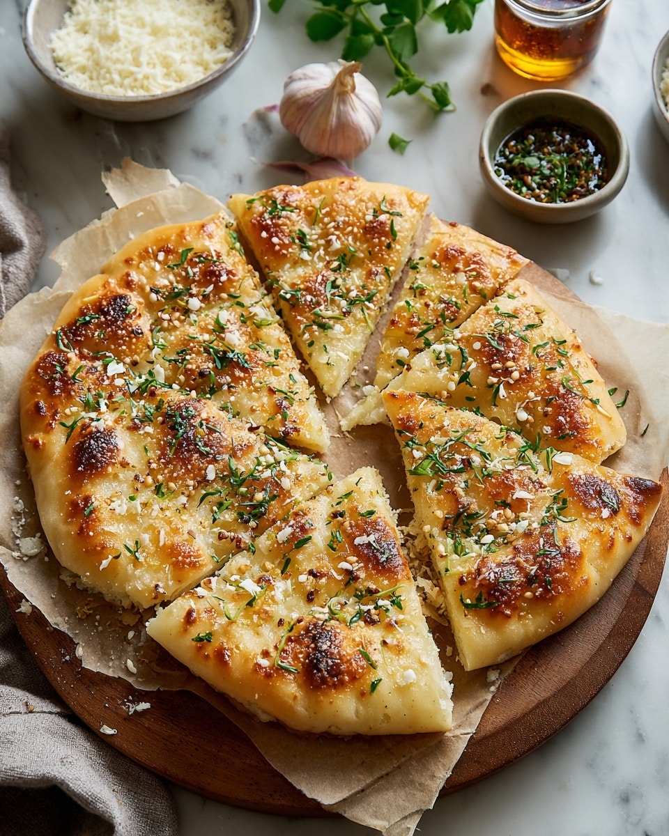 The image shows a round, sliced flatbread on a piece of parchment paper placed on a wooden board. The flatbread has a golden-brown crust with some darker brown spots and is topped with scattered green herbs, small white grains, and light brown toasted bits. Each slice reveals a slightly puffy, soft interior beneath the crisp exterior. There are three small bowls around it, one on a white marbled surface, filled with finely grated white cheese, another with a dark green mixture, and a jar with a dark liquid, along with a bulb of garlic and some fresh green leaves visible nearby. Photo taken with an iphone --ar 4:5 --v 7