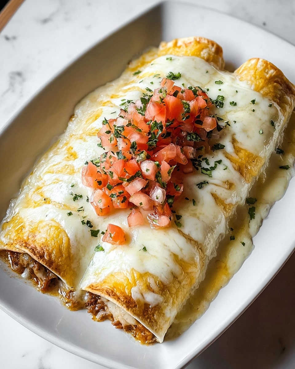 A white plate holds three rolled enchiladas covered with a thick, creamy white cheese sauce mixed with melted golden cheese, slightly dripping over the edges of the tortillas. On top of the cheese layer, a bright topping of finely chopped red tomatoes and green herbs sits in the center, adding a fresh, colorful contrast. The tortillas underneath are lightly golden and filled with a brownish meat mixture seen peeking from one end. The plate rests on a white marbled surface. photo taken with an iphone --ar 4:5 --v 7
