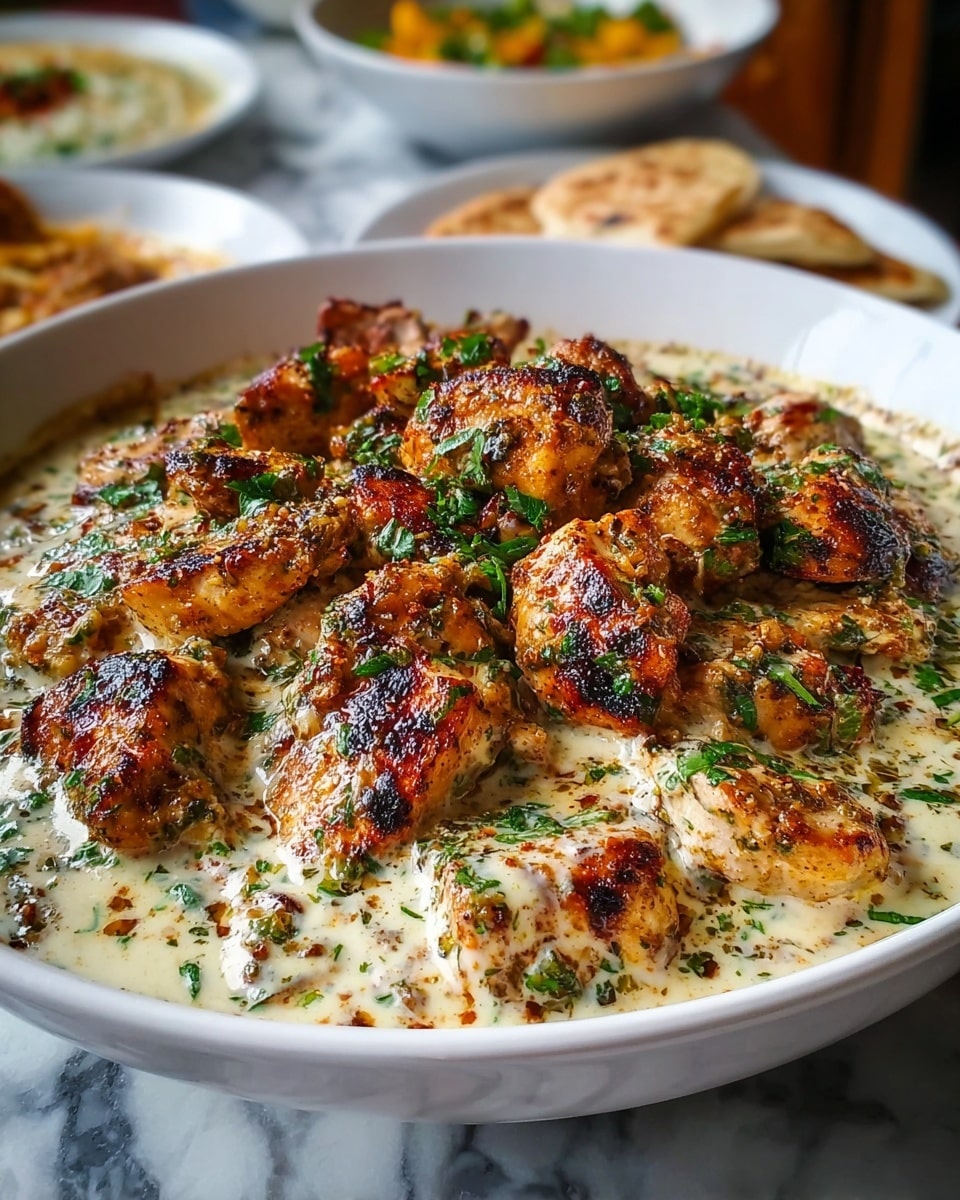 The image shows a white deep bowl filled with many pieces of grilled chicken, golden brown with some charred spots, sitting in a creamy white sauce. The sauce has visible bits of herbs and spices sprinkled throughout, giving a textured look, and the chicken pieces are covered and surrounded by the sauce. Fresh green herbs are finely chopped and scattered on top of the chicken, adding bright green color contrast. The bowl is placed on a surface with a white marbled texture, and blurred plates of side dishes and flatbreads are seen in the background. photo taken with an iphone --ar 4:5 --v 7