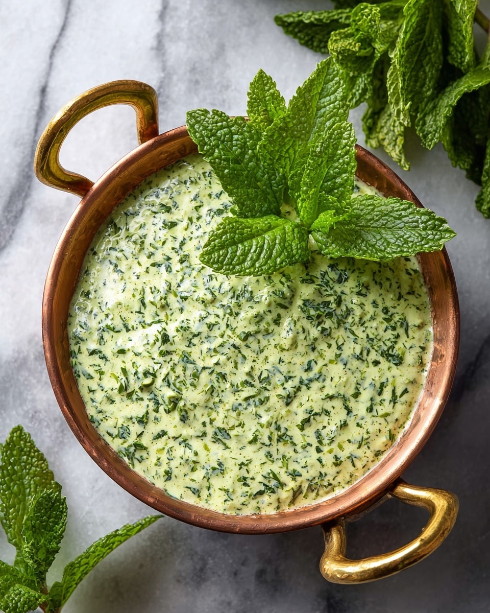 A small copper bowl with golden handles is filled with a creamy green sauce that has finely chopped herbs mixed throughout, creating a textured look with darker green bits in a light green base; on the top edge of the bowl, a sprig of fresh mint leaves adds a vibrant green accent, all placed on a white marbled surface. photo taken with an iphone --ar 4:5 --v 7