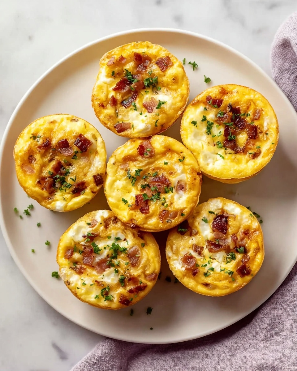 Six small egg muffins are arranged in a circle on a white plate, all showing golden yellow, fluffy egg layers mixed with white cheese pieces and small browned bacon bits on top. The muffins have a slightly browned edge around the bottom, adding texture. Bright green chopped herbs are sprinkled on each muffin, providing a fresh contrast against the warm colors of eggs and bacon. The plate sits on a white marbled surface with a light purple cloth partially visible at the bottom. Photo taken with an iphone --ar 4:5 --v 7