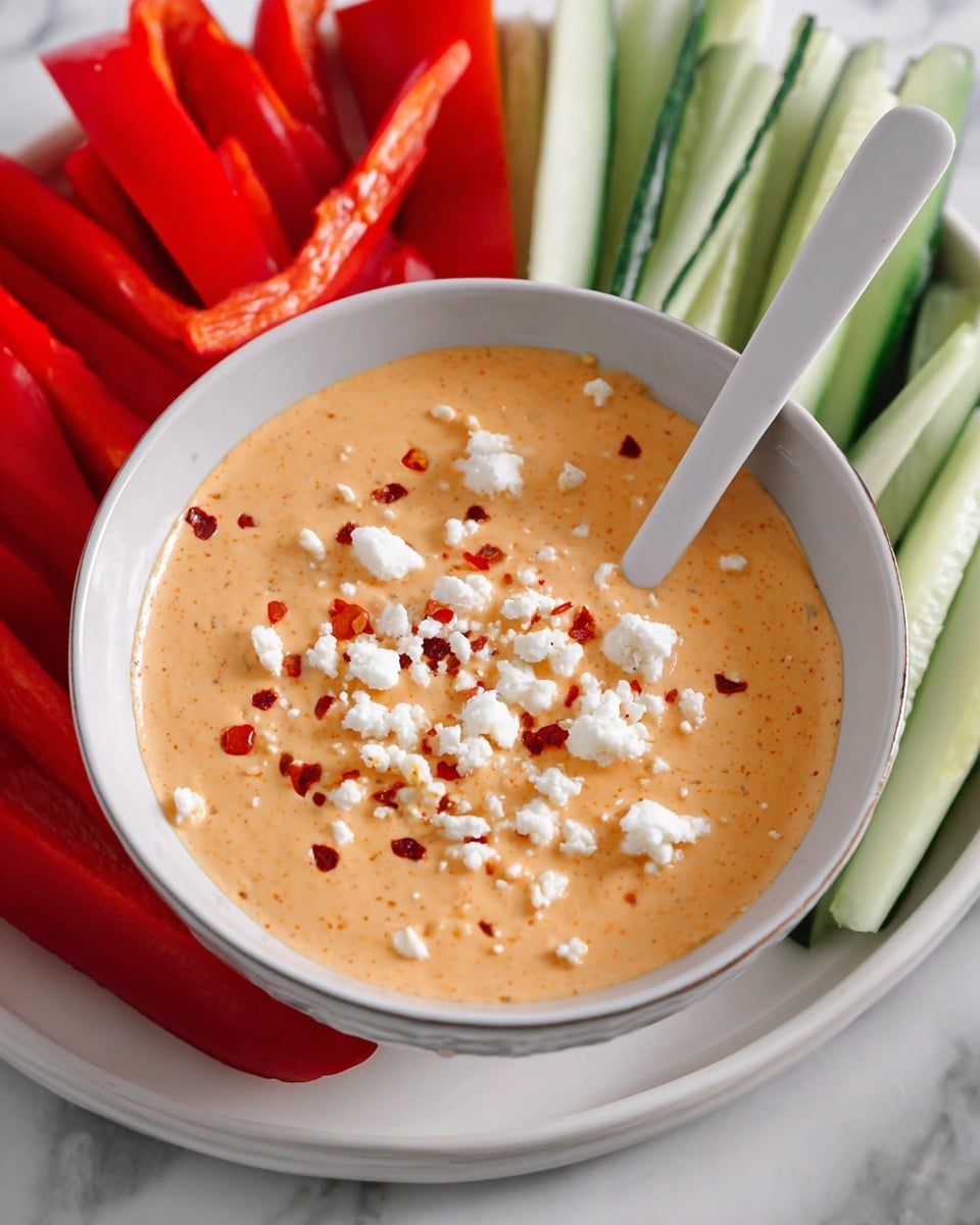 A white bowl filled with creamy light orange dip topped with small white crumbles and red chili flakes, with a white spoon dipping into it from the right side; the bowl is placed on a white plate surrounded by long slices of red bell pepper on the left and green cucumber sticks on the right, all set on a white marbled surface. photo taken with an iphone --ar 4:5 --v 7
