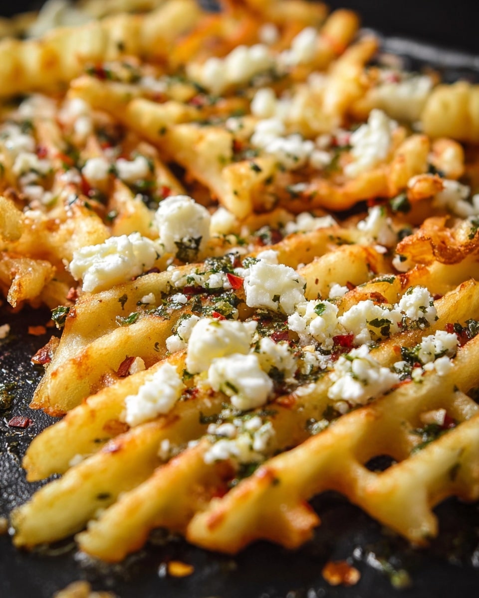 The image shows a close-up of a baked dish consisting of a single layer of golden-brown waffle fries spread out on a dark baking tray. The waffle fries have a crispy texture with some slightly darker edges. Scattered unevenly over the fries are crumbles of white cheese, adding a soft and crumbly texture. There are also small bits of green herbs mixed with red chili flakes sprinkled across, giving a touch of color contrast and hinting at seasoning. The overall scene is lit to enhance the warm tones of the fries and the fresh look of the cheese. Photo taken with an iphone --ar 4:5 --v 7