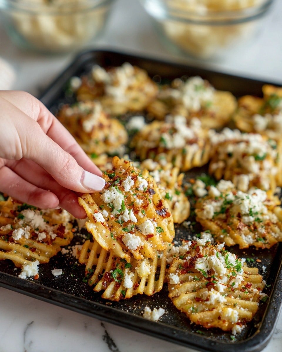 A close-up view shows a black baking tray filled with a single layer of golden brown waffle potato chips. Each chip is topped with a mix of melted and crumbled white cheese scattered unevenly on the surface. Small green and red seasoning bits are sprinkled lightly over the chips. A woman's hand is holding one chip near the center of the image, grasping it between the thumb and index finger. In the background, there are blurred clear glass bowls with some of the cheese mixture, all set against a white marbled texture. photo taken with an iphone --ar 4:5 --v 7