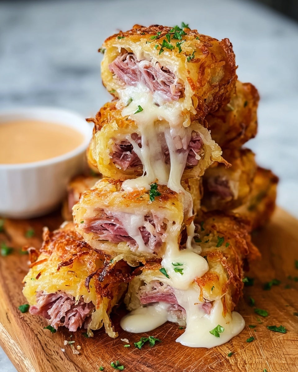 The image shows three rolled slices of thin pink cured meat wrapped tightly around melted white cheese and light golden cooked onions, each topped with a crispy light brown melted cheese layer sprinkled with fresh chopped green herbs. The rolls are placed closely together on parchment paper, which lies on a white marbled surface; in the background, there is a small white ramekin cup visible. photo taken with an iphone --ar 4:5 --v 7